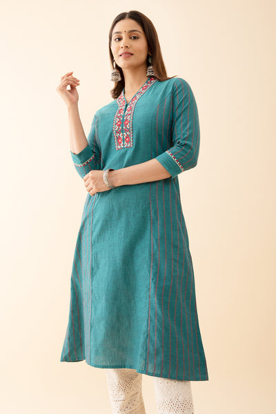 Panelled A Line Kurta with Embroidered Neckline Green