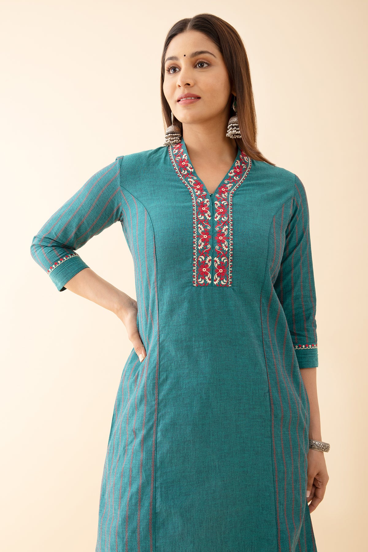 Panelled A Line Kurta with Embroidered Neckline Green