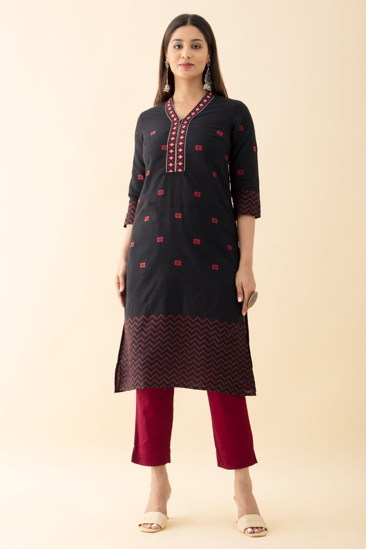 Dobby Weave Embroidered Kurta - Black