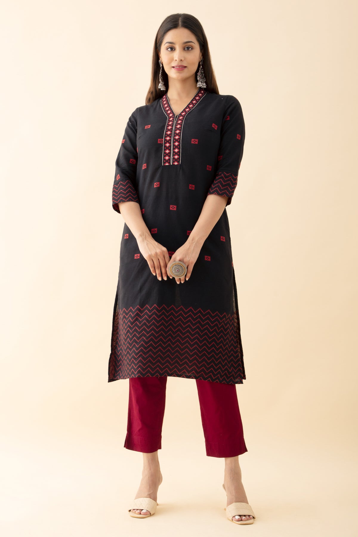 Dobby Weave Embroidered Kurta - Black