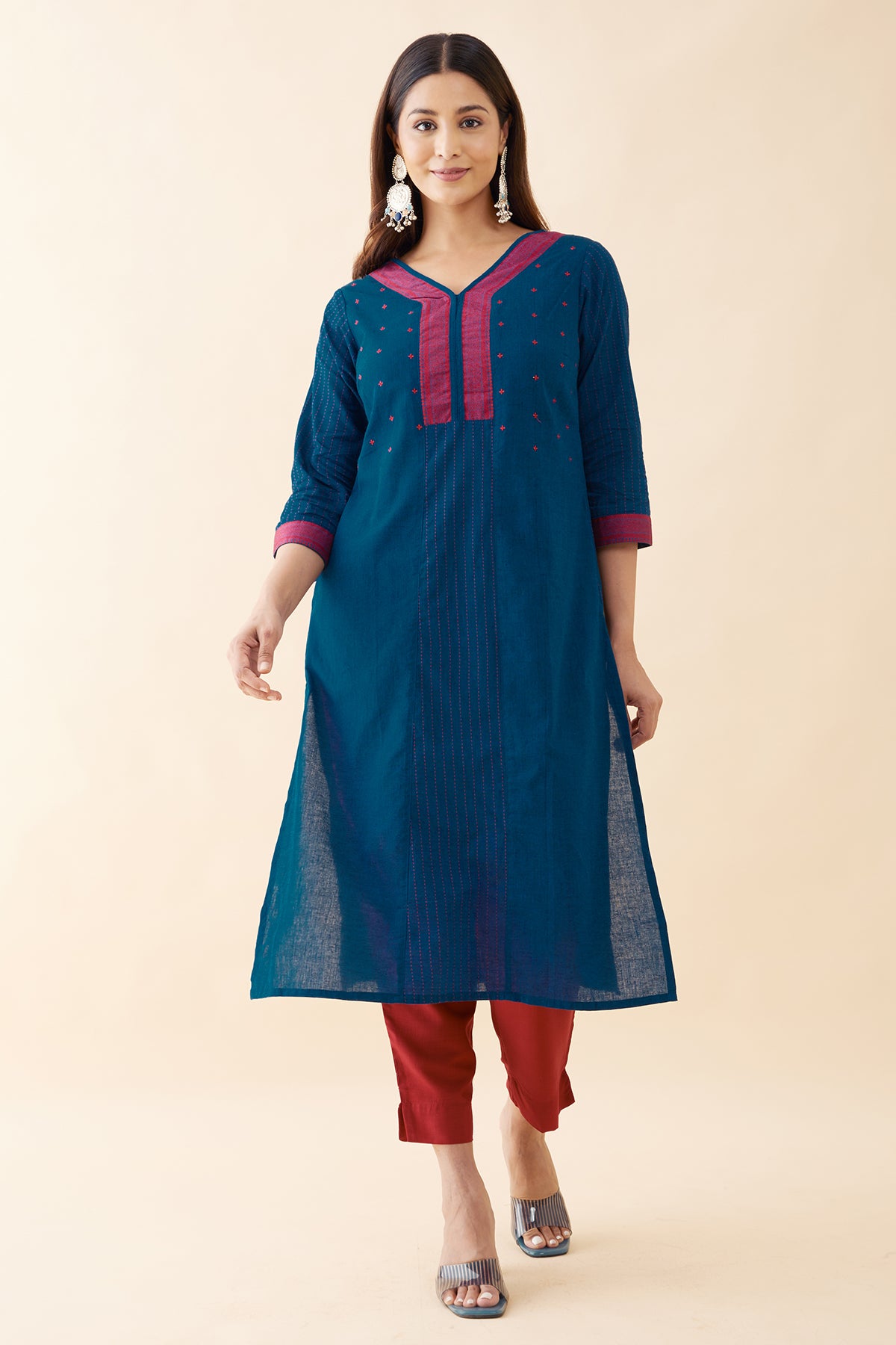 Dobby Weave Embroidered Kurta - Blue