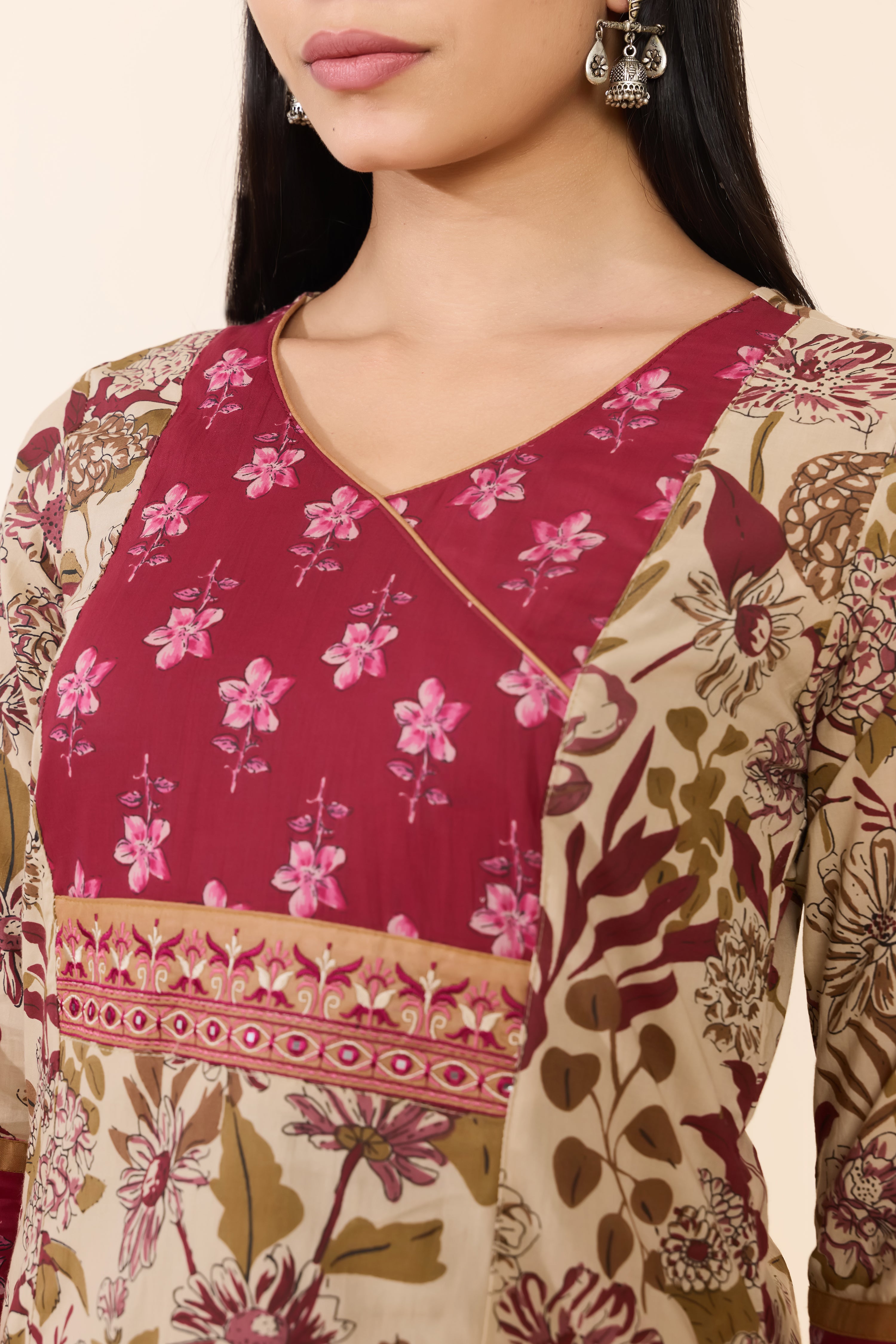 BEIGE PINK FLORAL COTTON KURTA