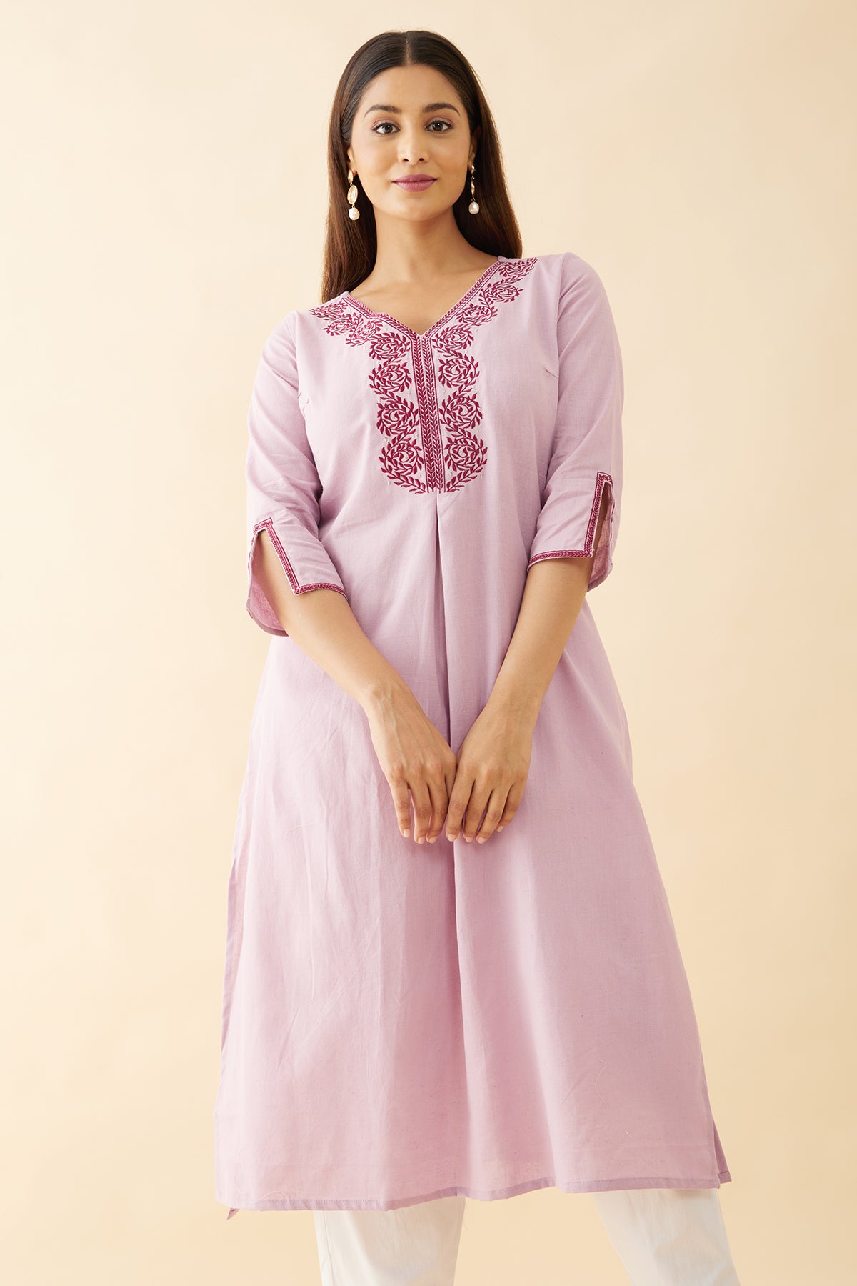 Monochrome Floral Embroidered Kurta - Pink