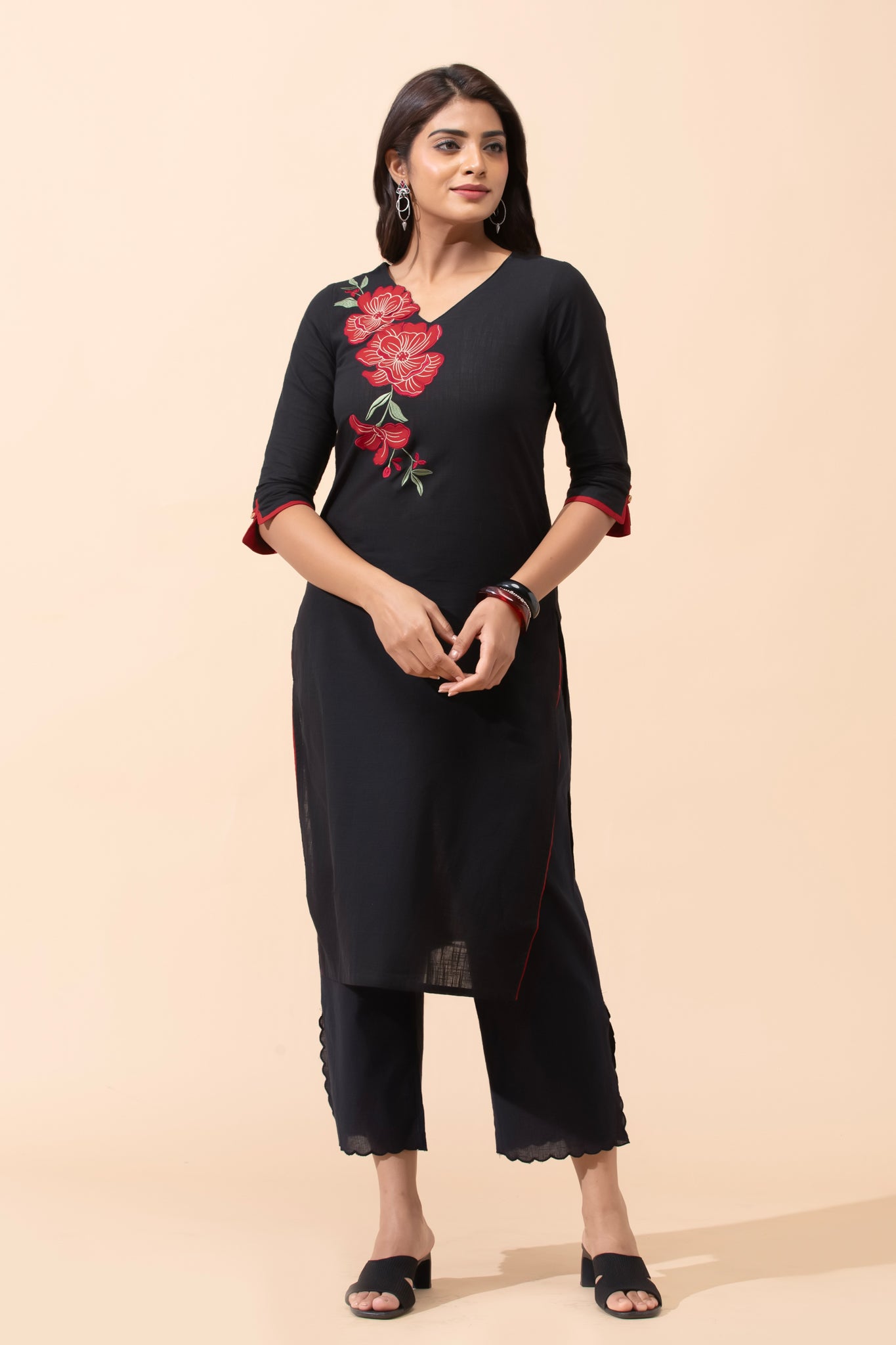 Black Floral Embroidered Cotton Kurta