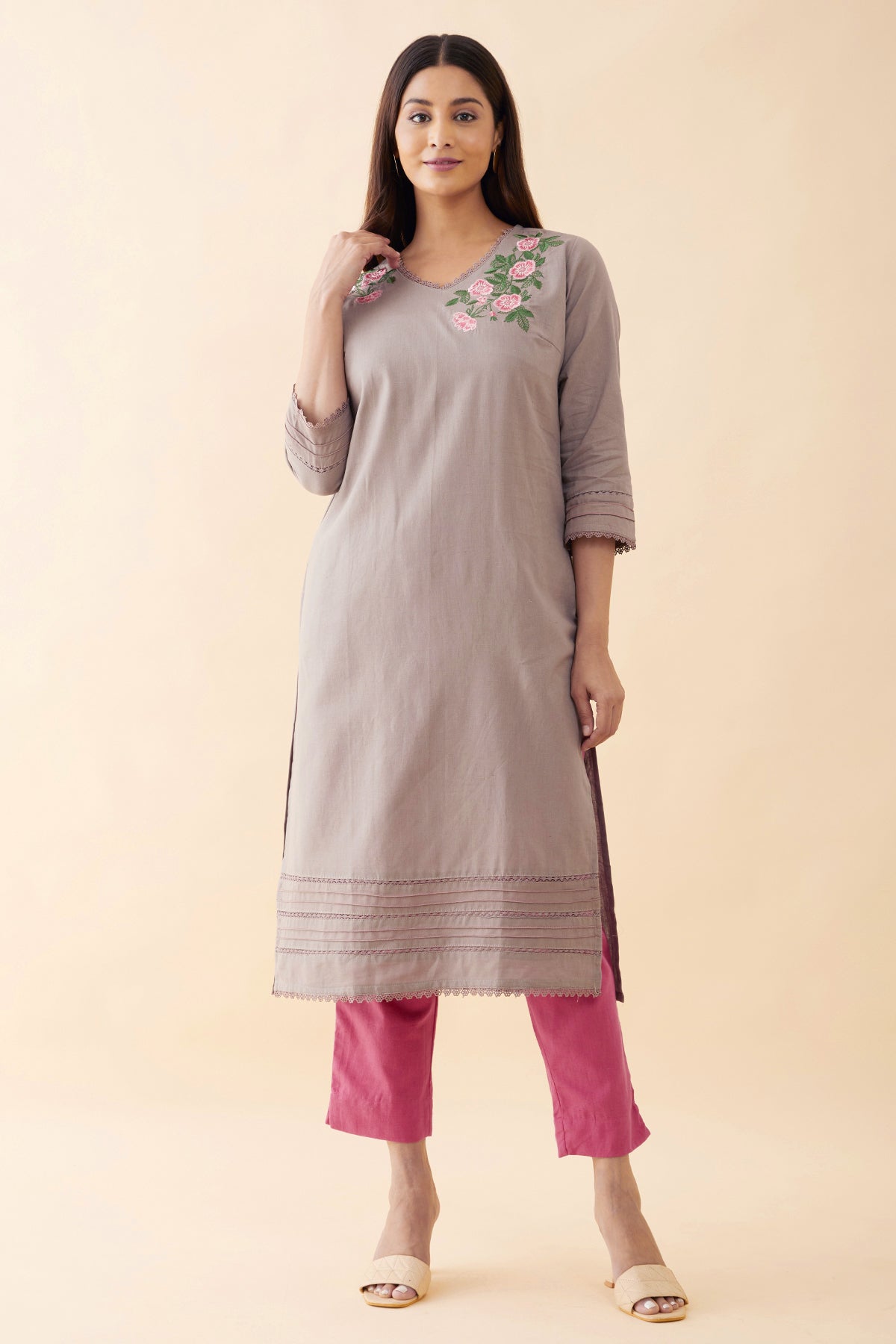 Floral Embroided & Lace Embellished Kurta - Brown