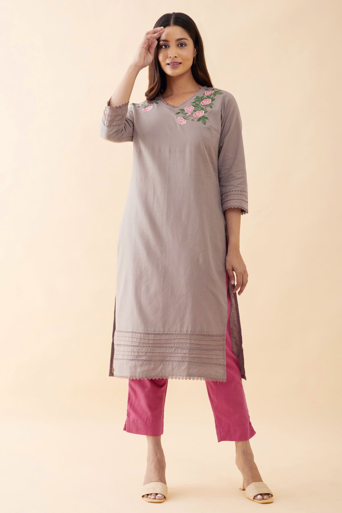 Floral Embroided & Lace Embellished Kurta - Brown