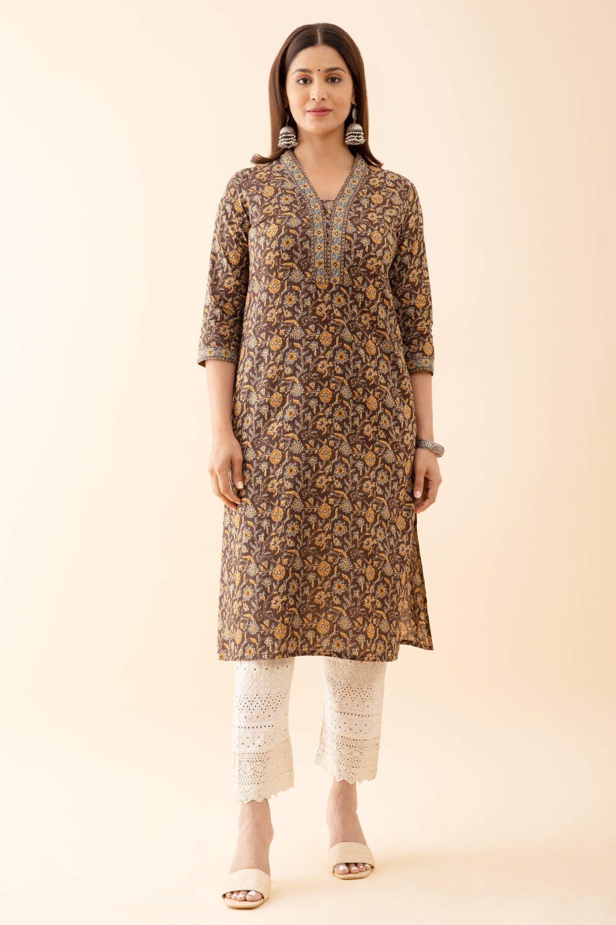 Kalamkari Block printed Kurta with Foil Mirror Embellished Yoke Brown