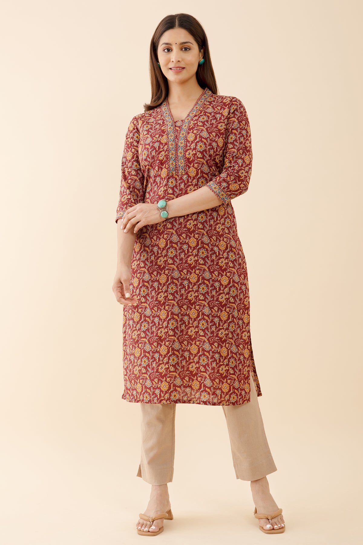 Kalamkari Block printed Kurta with Foil Mirror Embellished Yoke Red