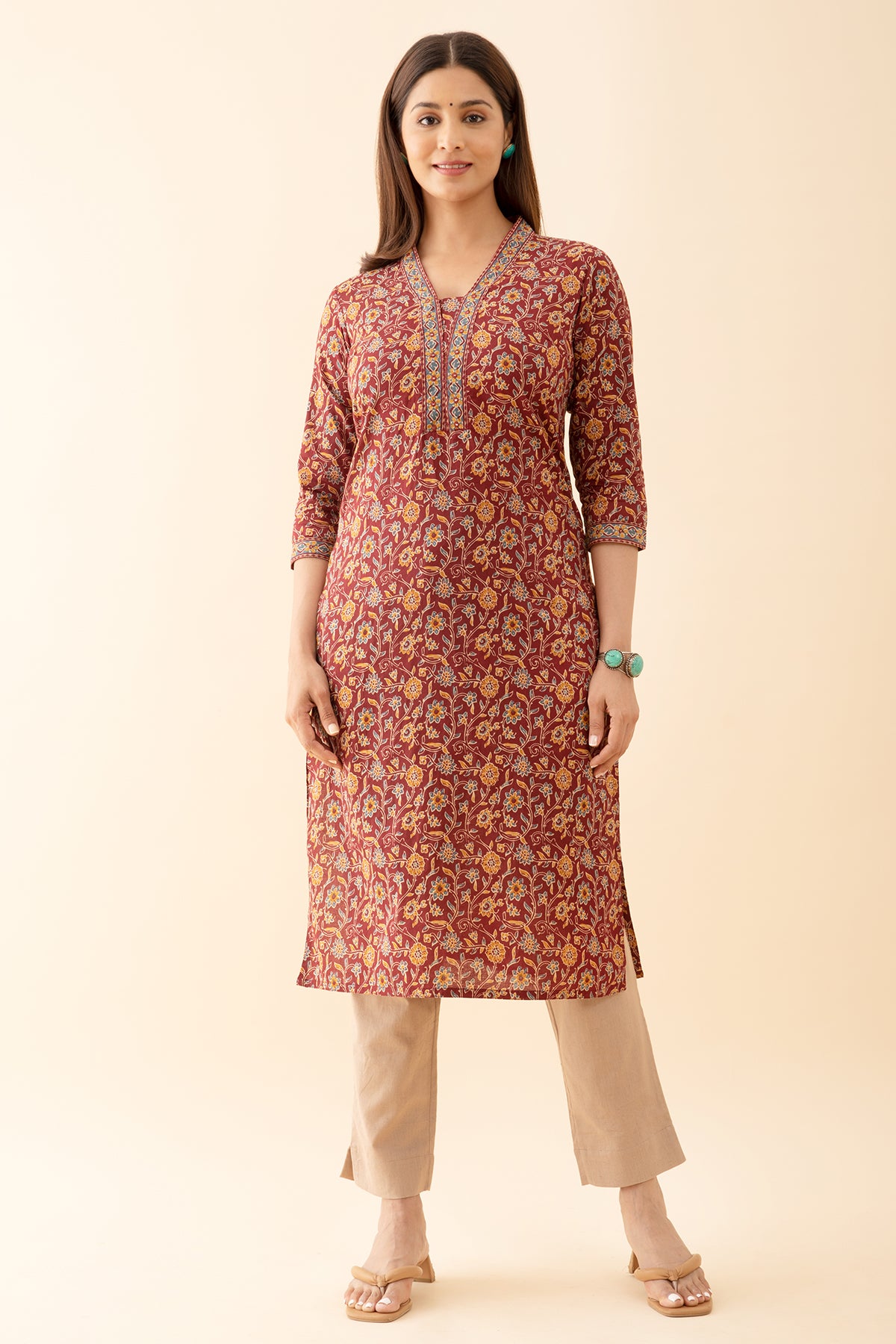 Kalamkari Block printed Kurta with Foil Mirror Embellished Yoke Red