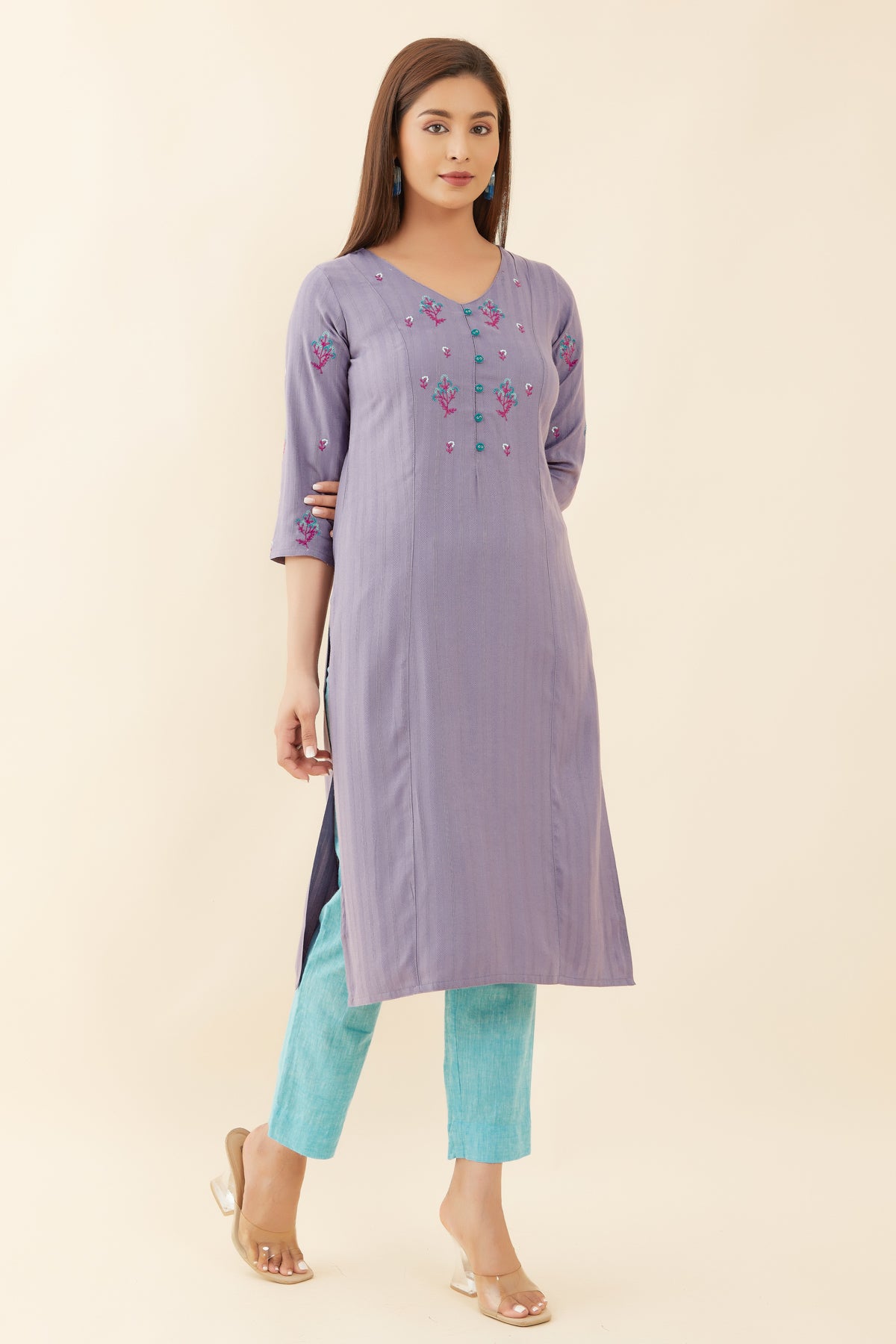 Contrast Floral Embroidered Kurta Purple