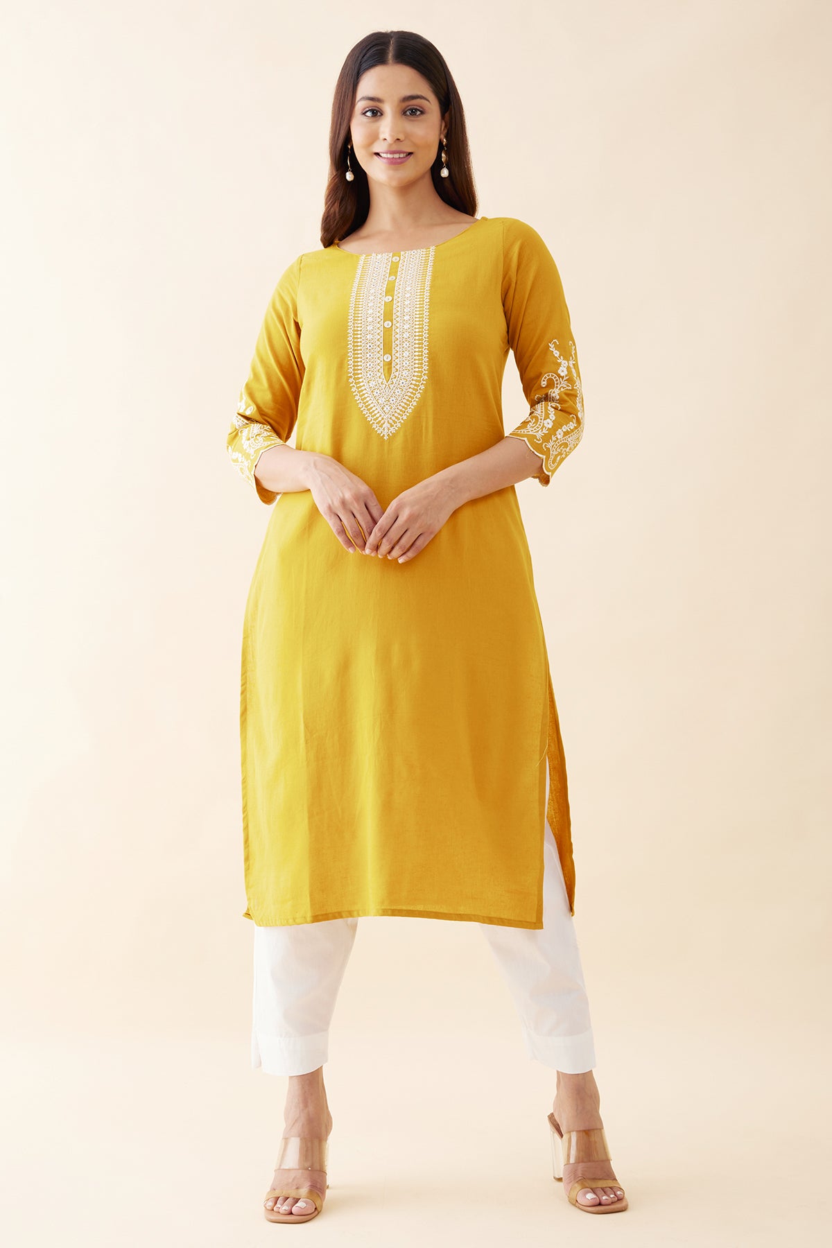 Jewel Inspired Embroidered Kurta - Mustard