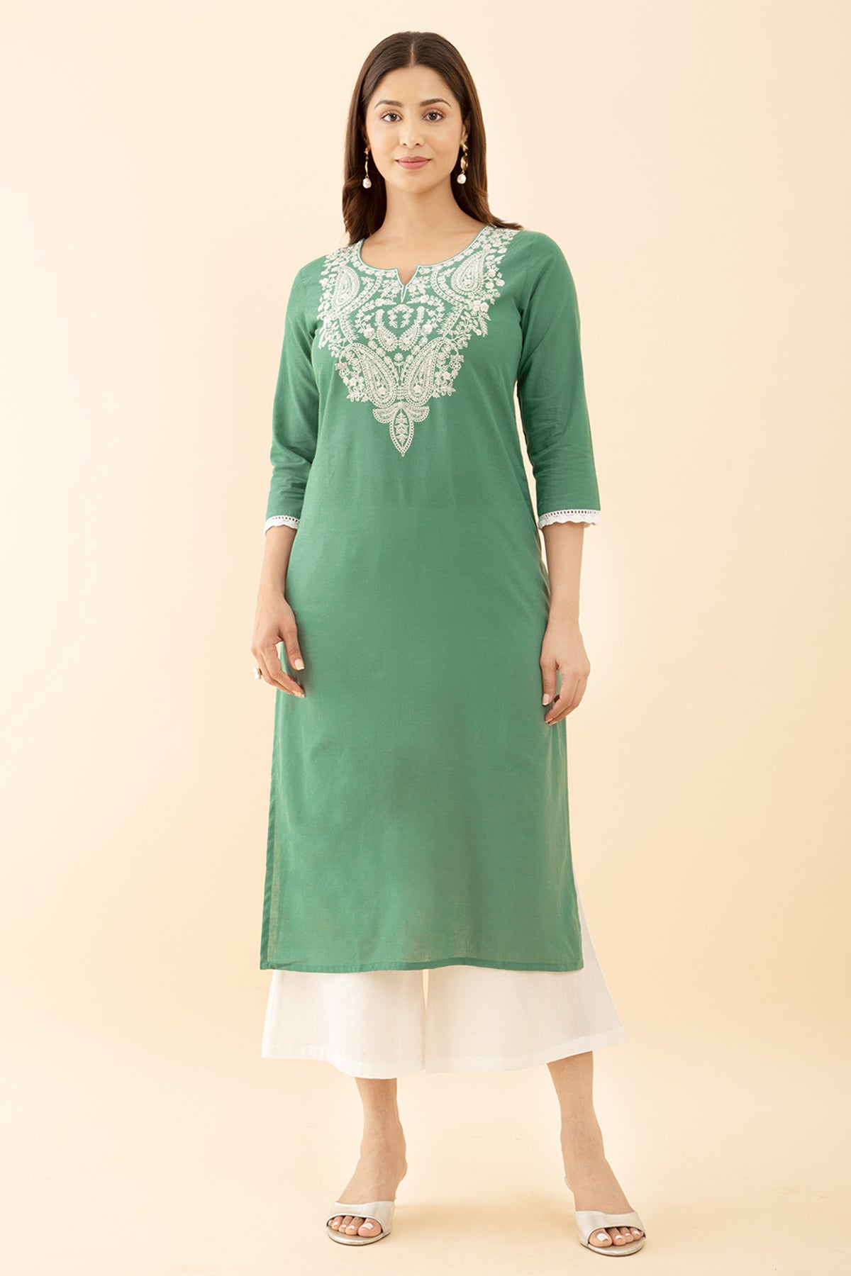 Paisley Embroidered Green Kurta Pastel Solid Design