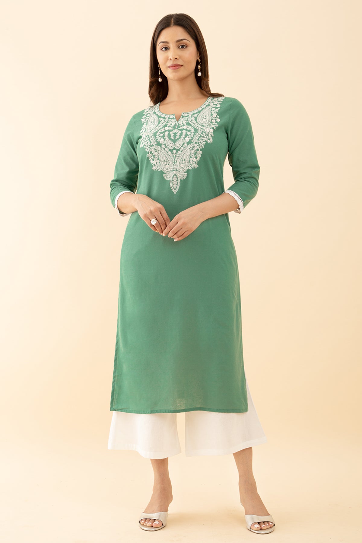 Paisley Embroidered Green Kurta Pastel Solid Design