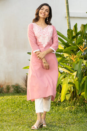 Solid Kurta in Pastel Hues with Paisley Embroidered Yoke - Pink
