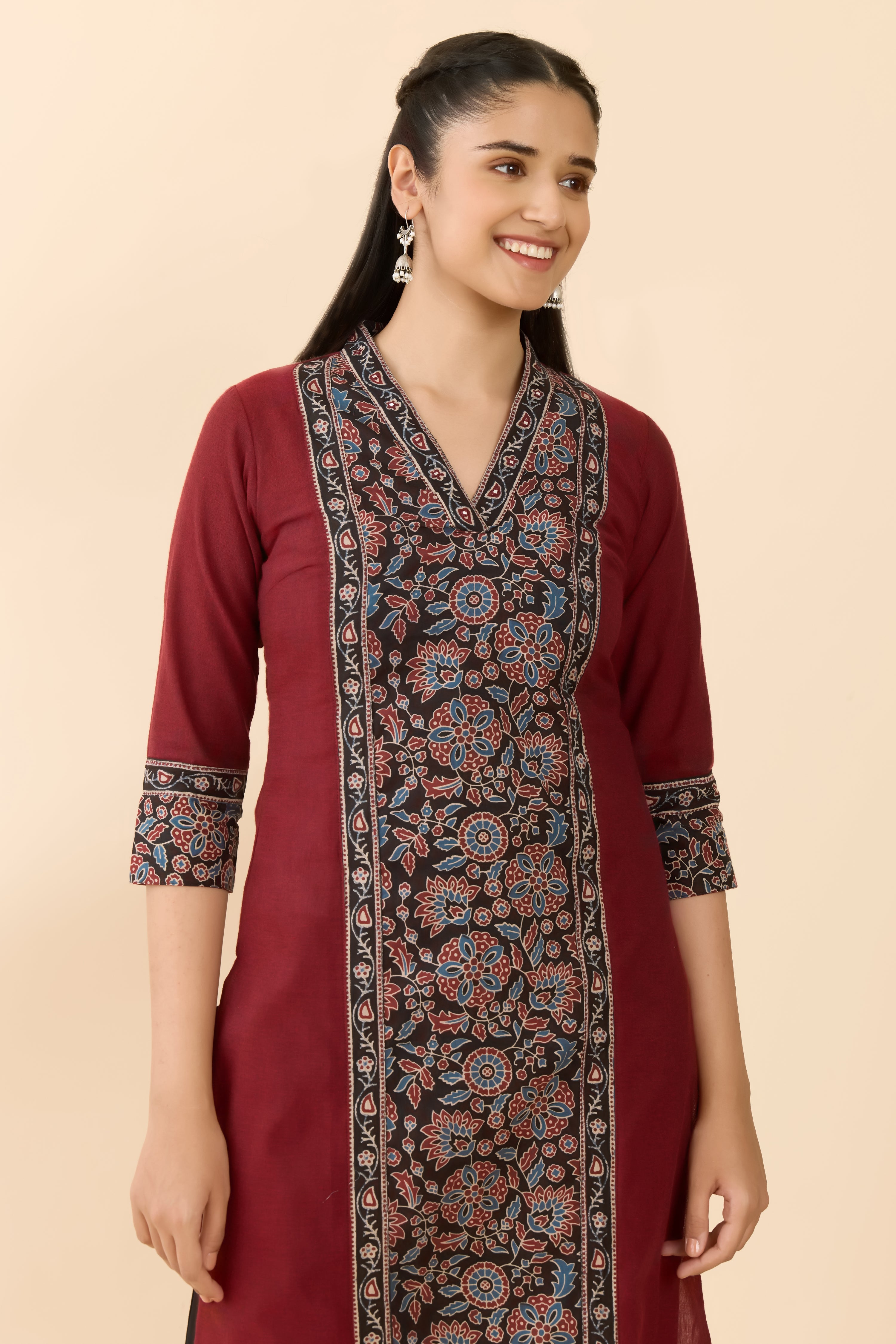 MAROON AJRAKH PRINTED STRAIGHT CUT KURTA