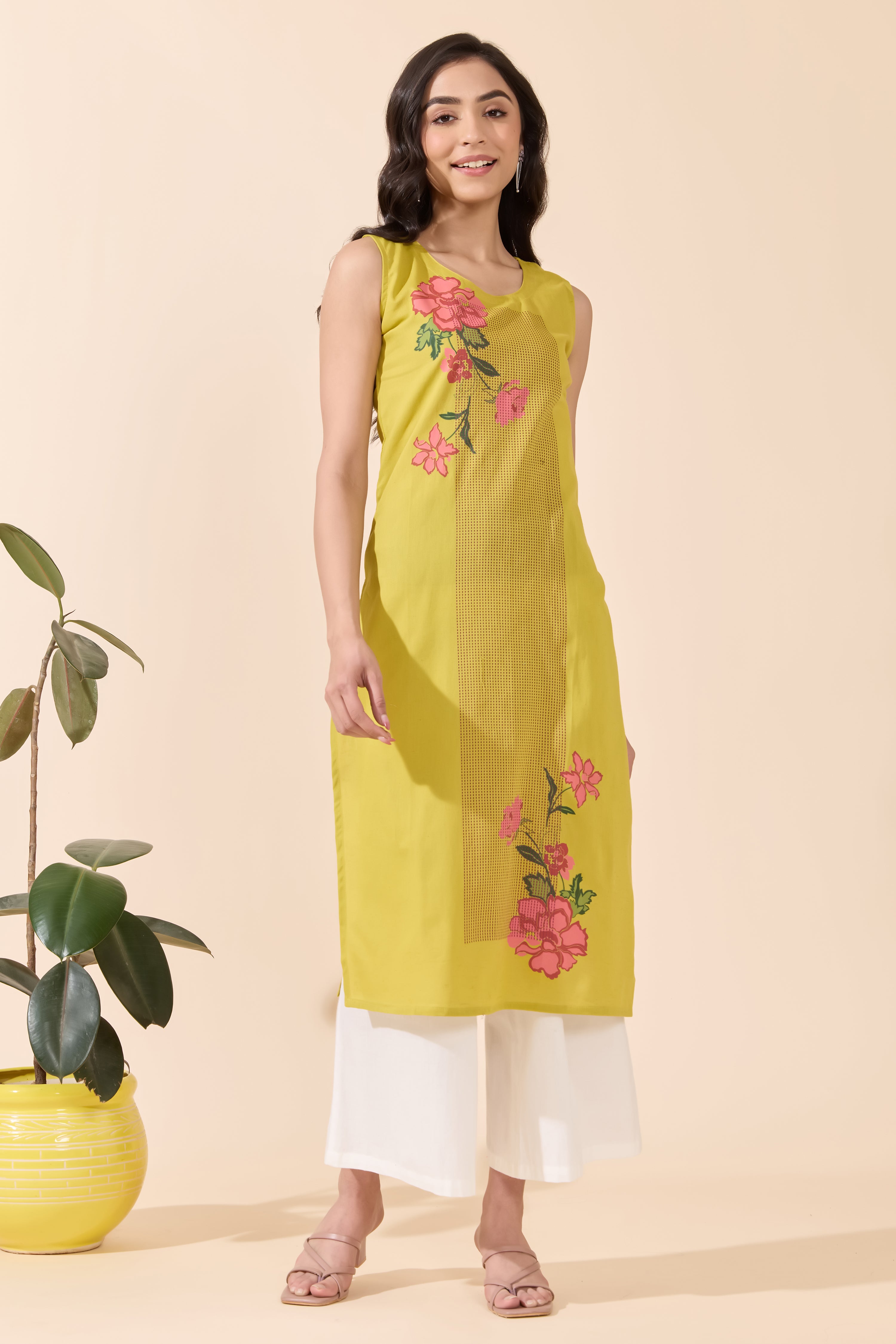 LEMON YELLOW CONTEMPORARY FLORAL PRINTED STRAIGHT CUT KURTA