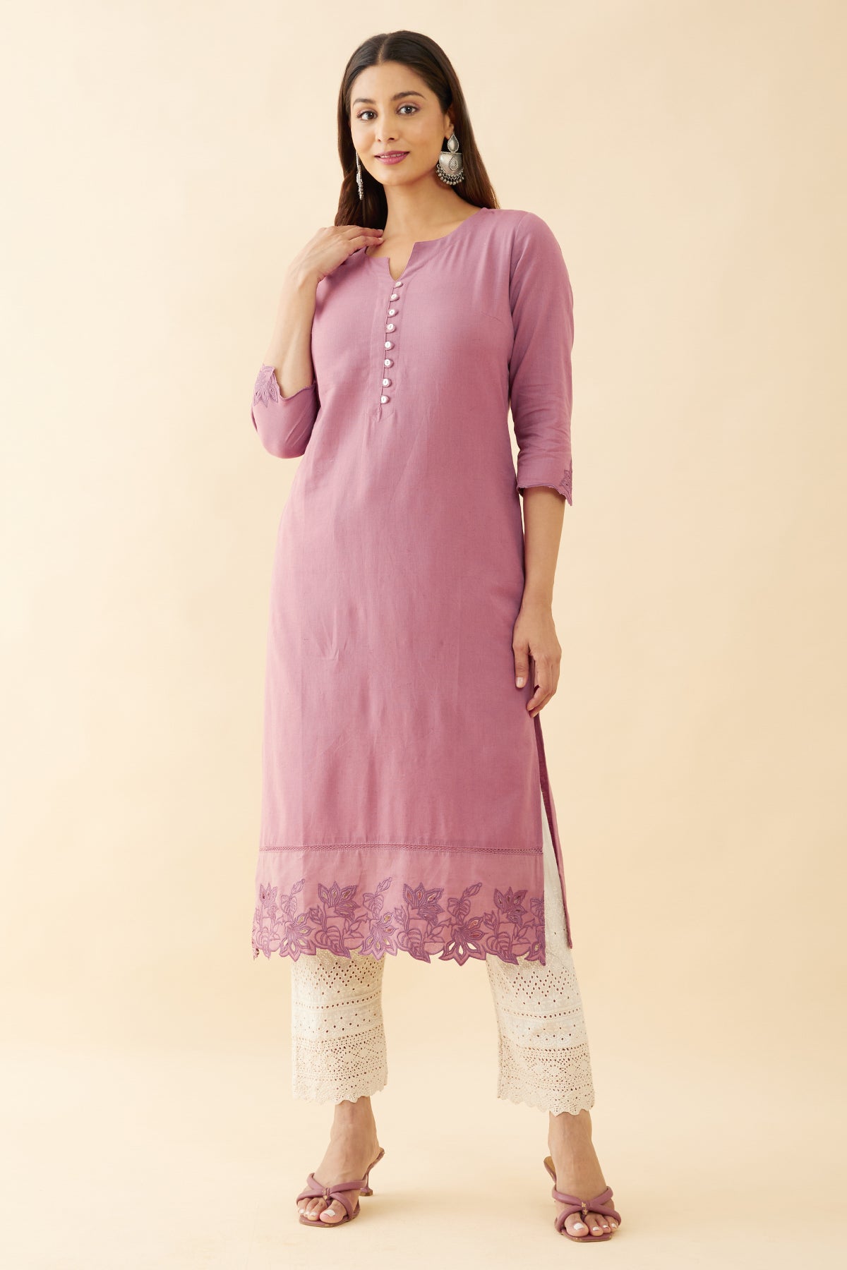 Floral Cut Work Kurta - Pink