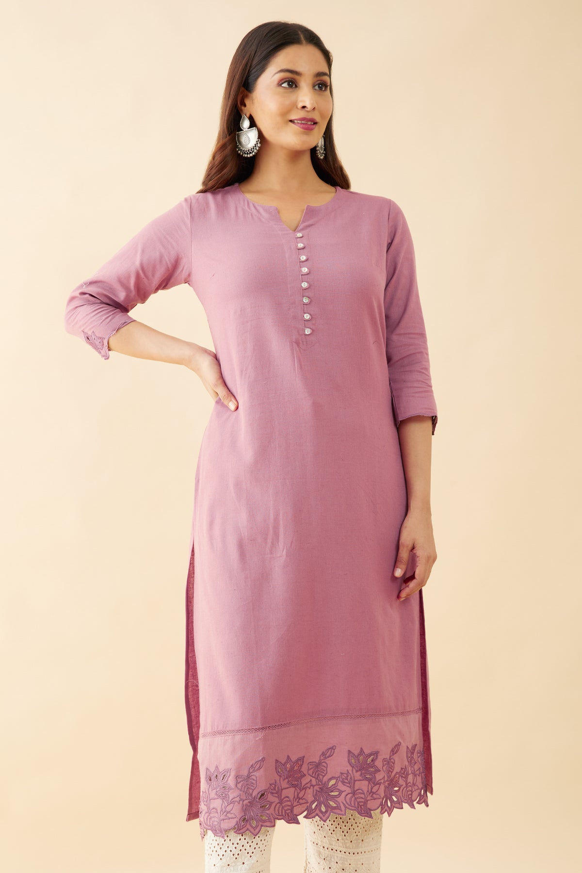 Floral Cut Work Kurta - Pink