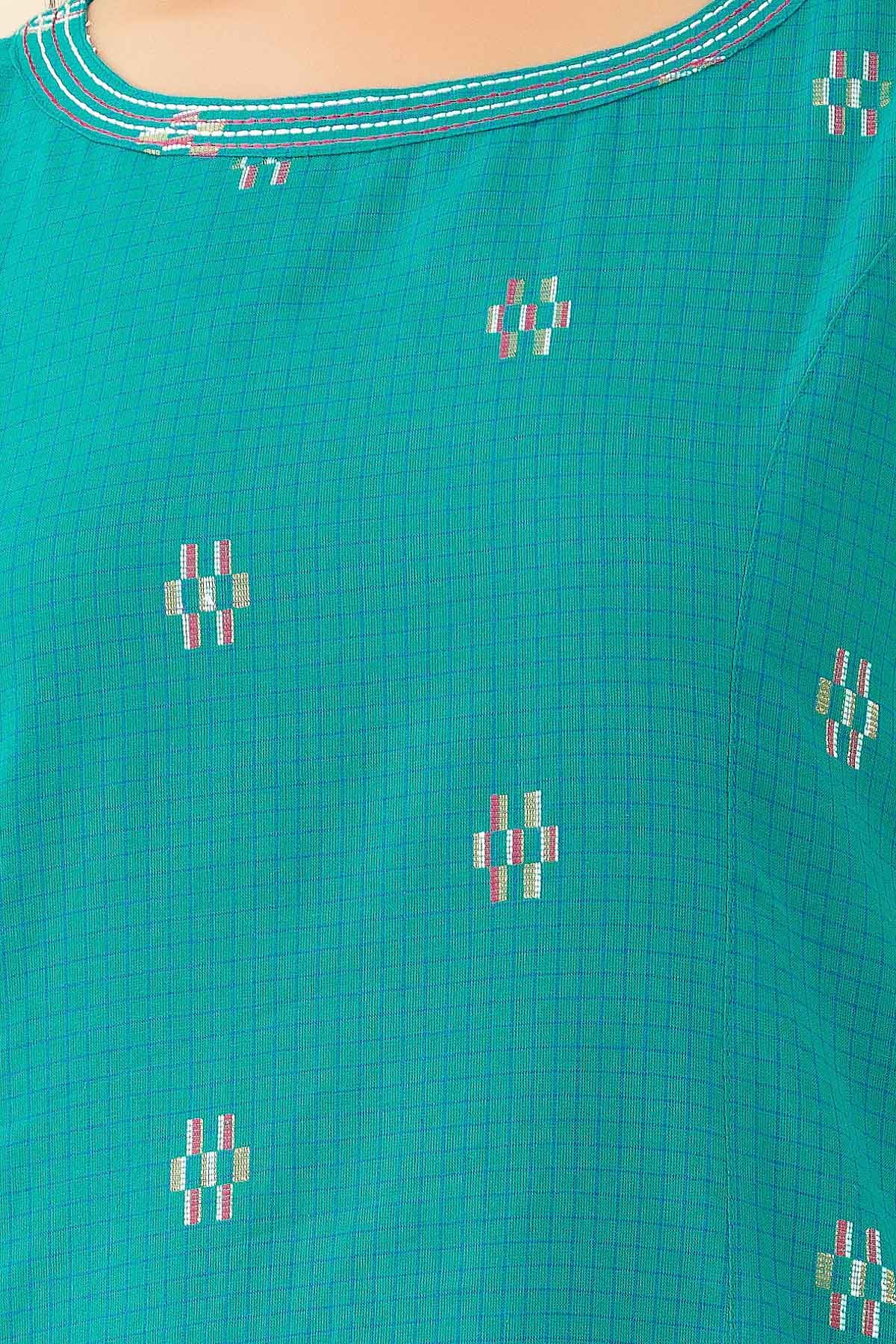 All Over Geometric Dobby Weave Sleeveless A-Line Kurta - Green