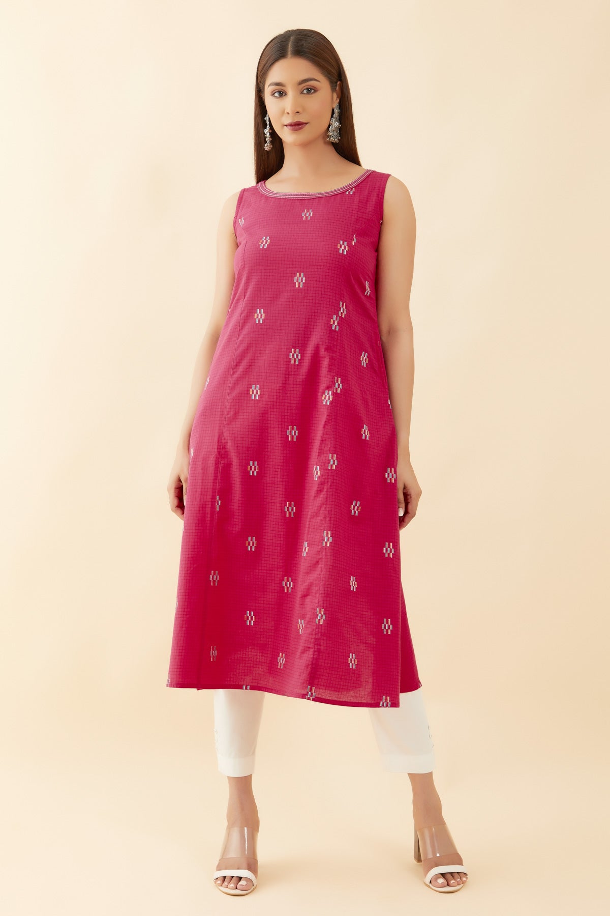 All Over Geometric Dobby Weave Sleeveless A Line Kurta Pink