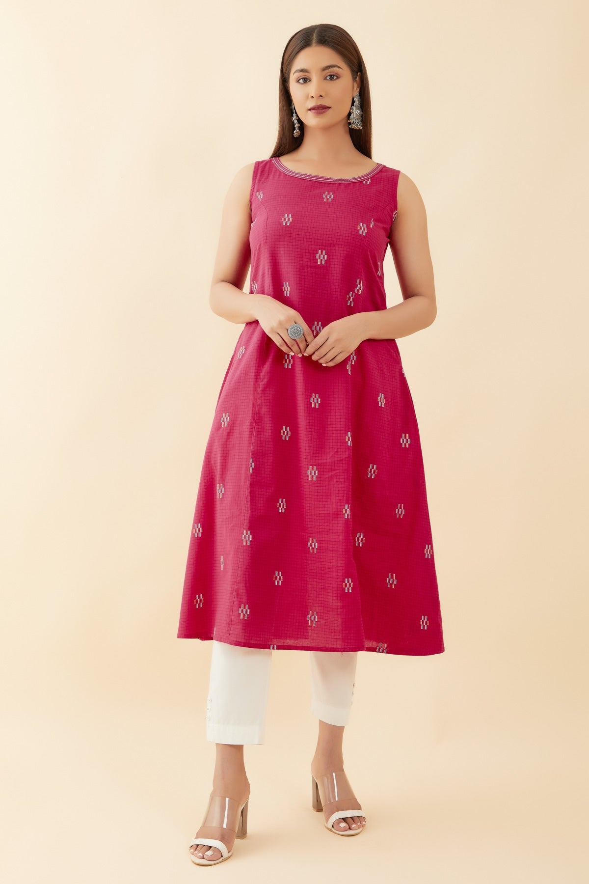 All Over Geometric Dobby Weave Sleeveless A Line Kurta Pink