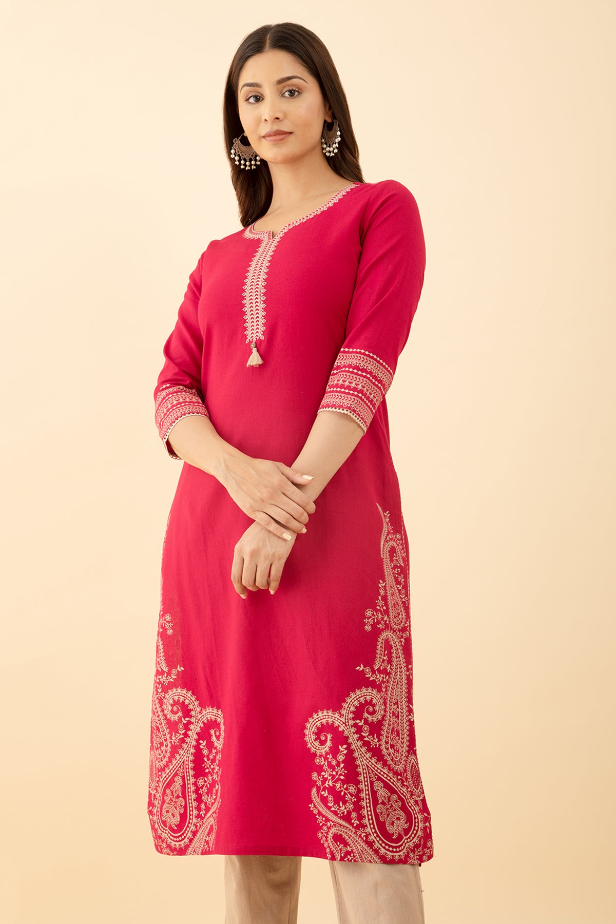 Embroidered Pink Kurta Floral Paisley Print Accent