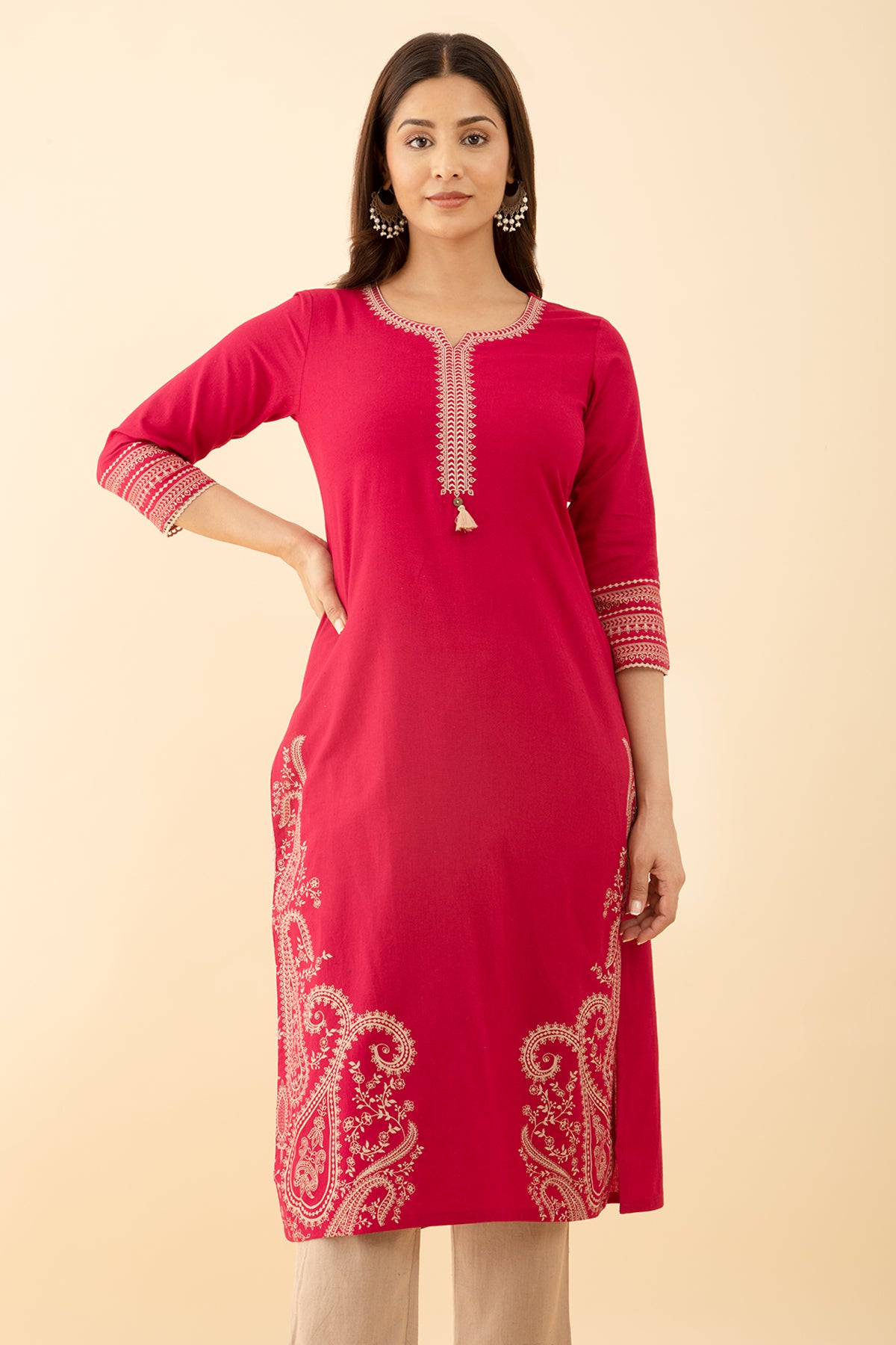 Embroidered Pink Kurta Floral Paisley Print Accent