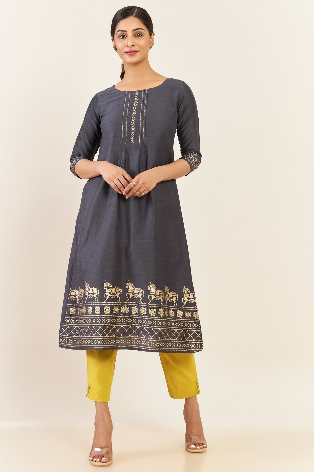 Floral Embroidery With Animal & geometric Printed Kurta - Grey