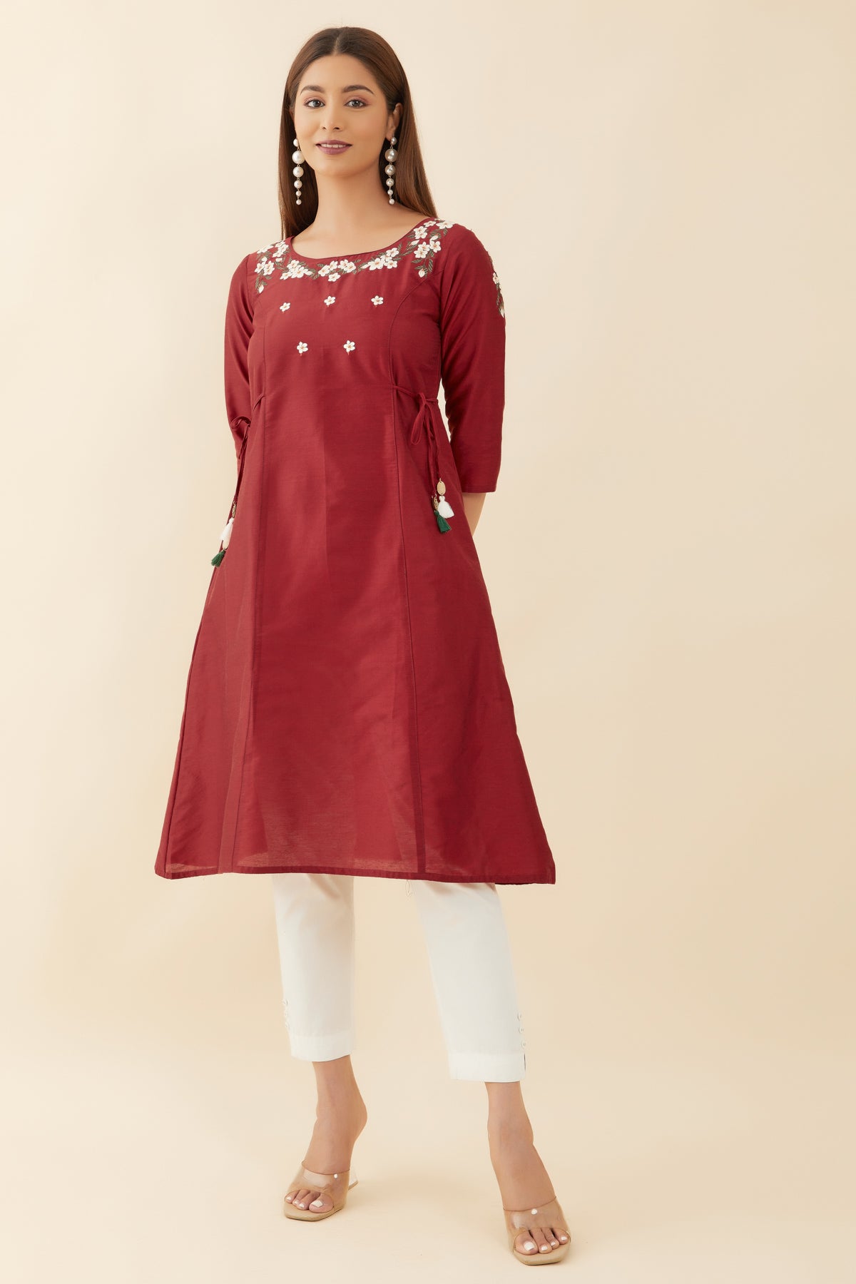 Summer Floral Embroidered Kurta - Red