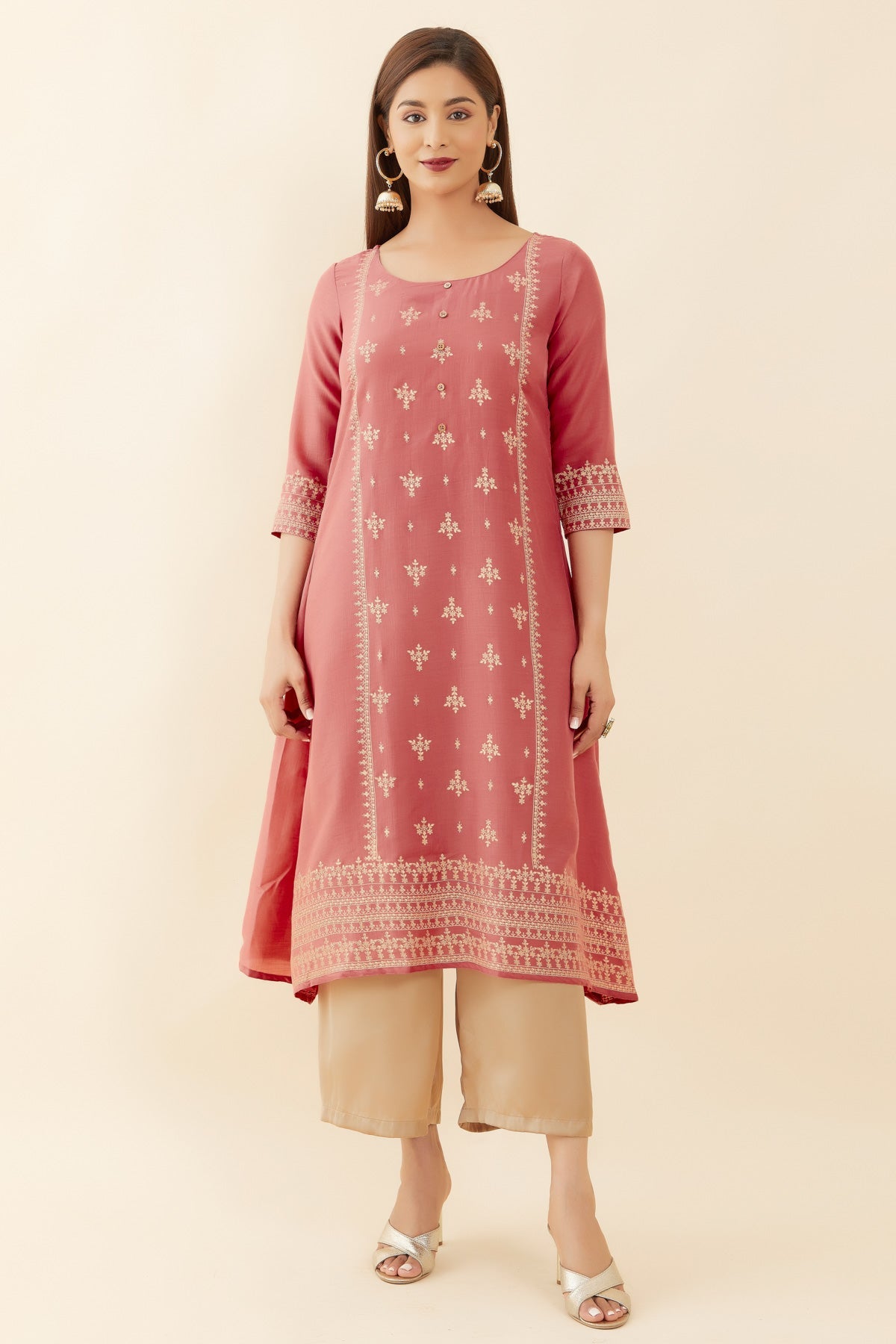 Floral Printed A Line Kurta Peach