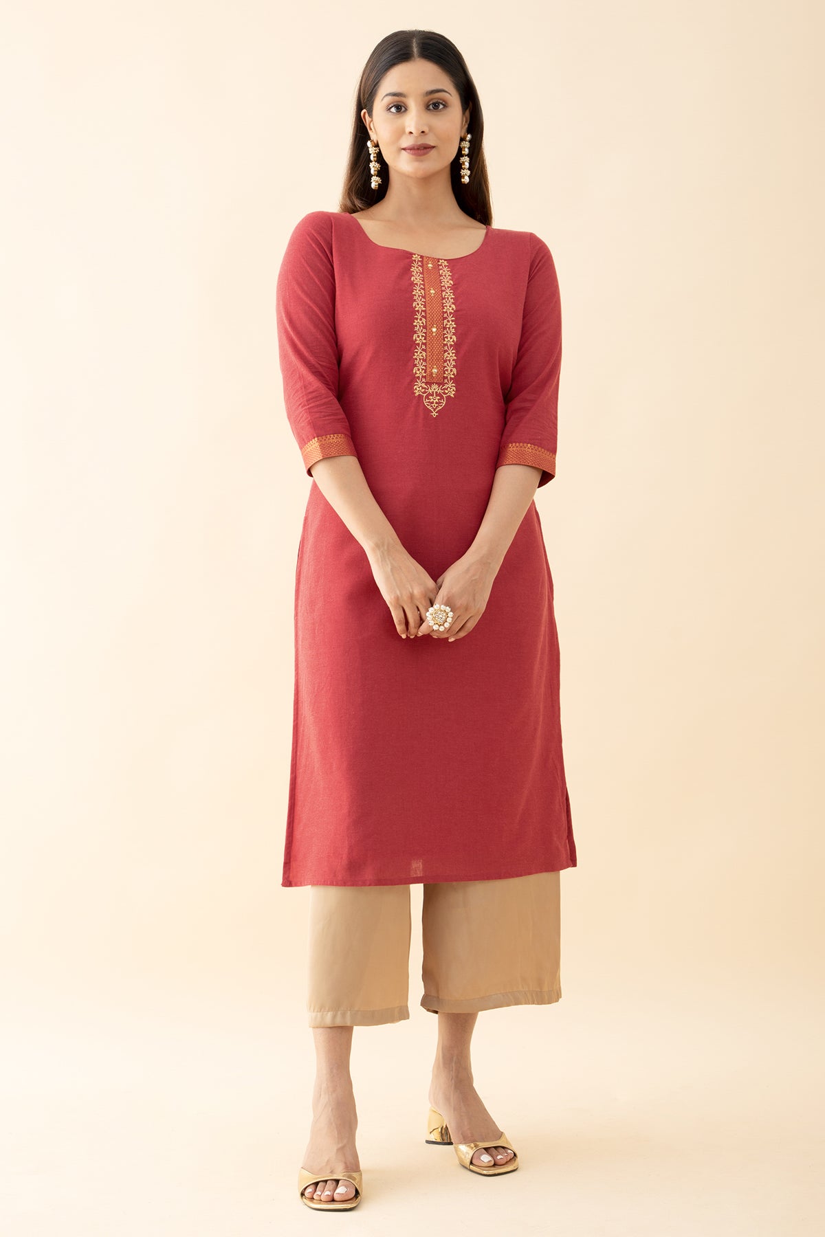 Embroidered Mangalagiri Kurta - Red