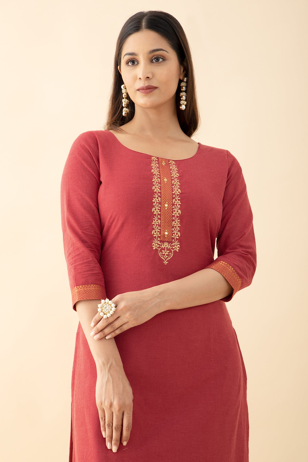 Embroidered Mangalagiri Kurta - Red