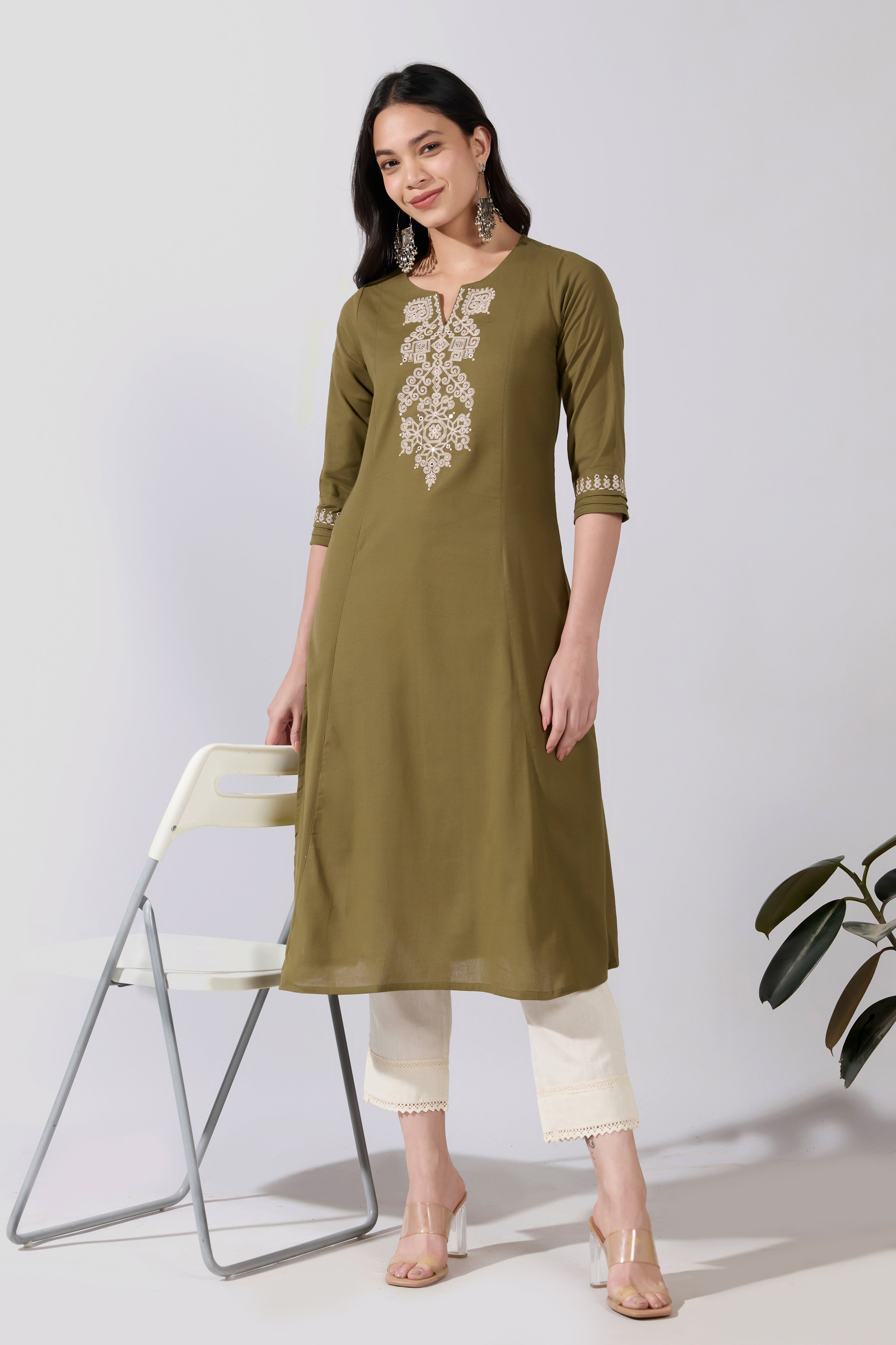 Heart Abstract Embroidered Green Cotton Kurta