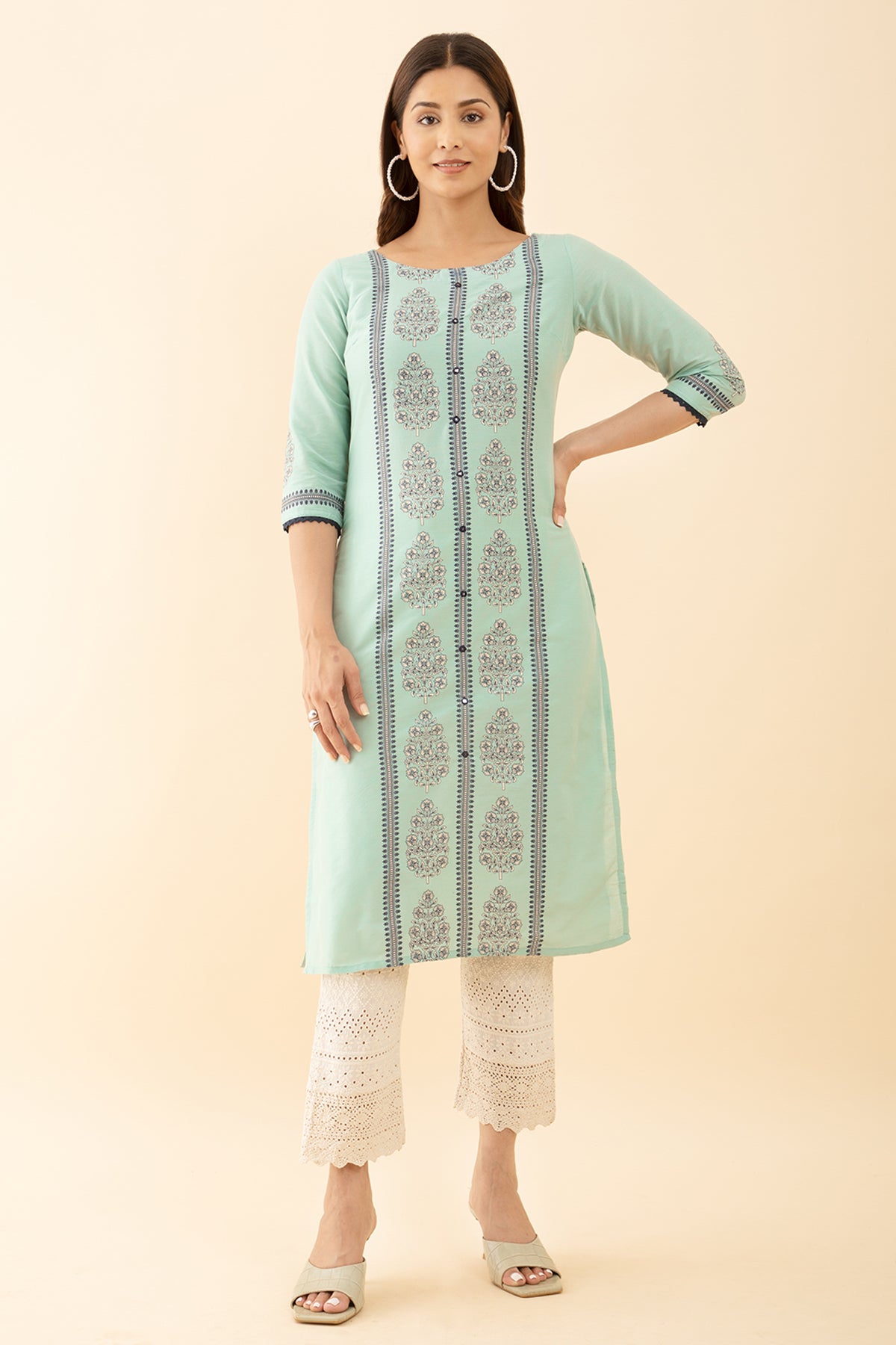 Green Floral Kurta Button Up Design with Printed Stripes