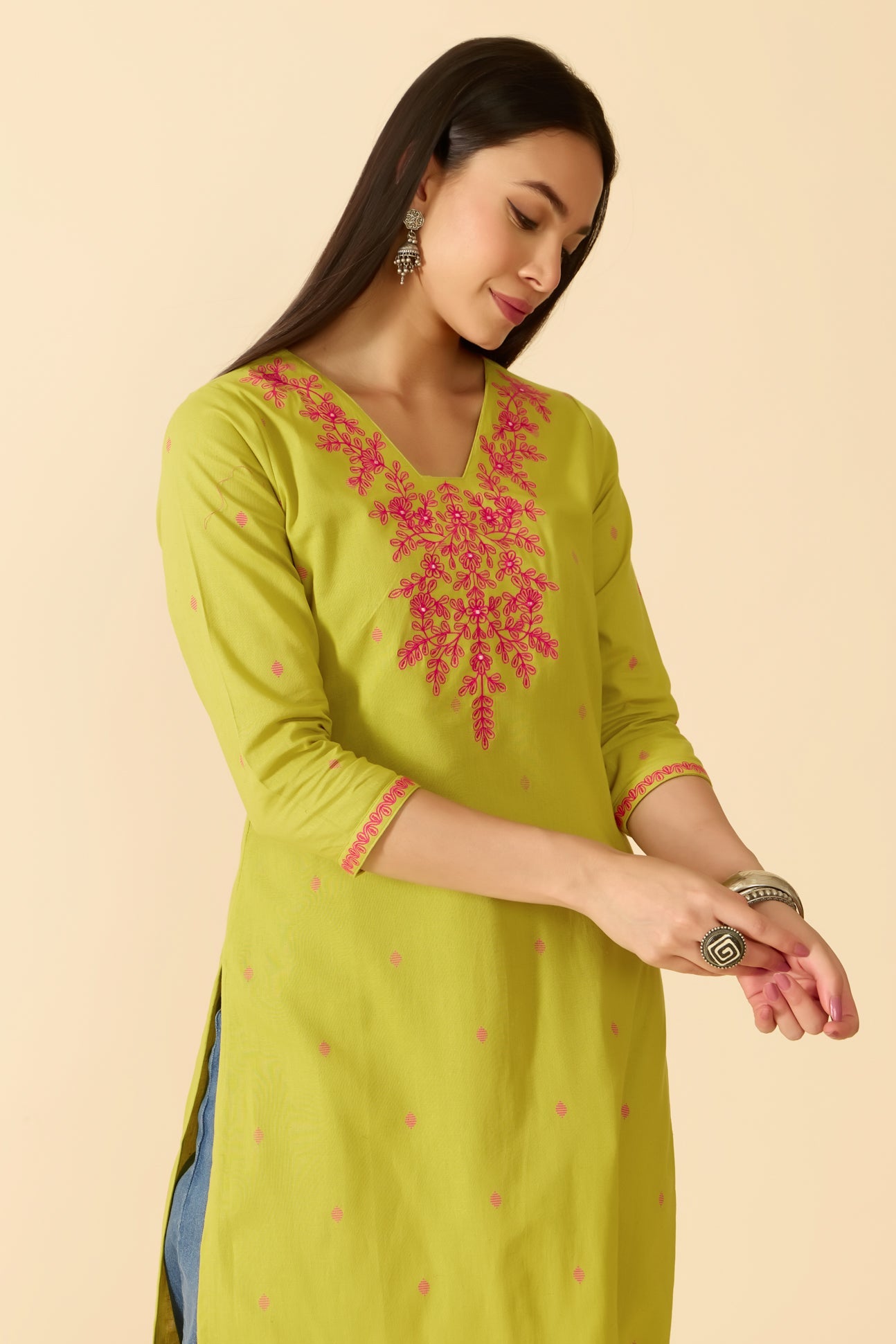 LEMON GREEN EMBROIDERED COTTON KURTA