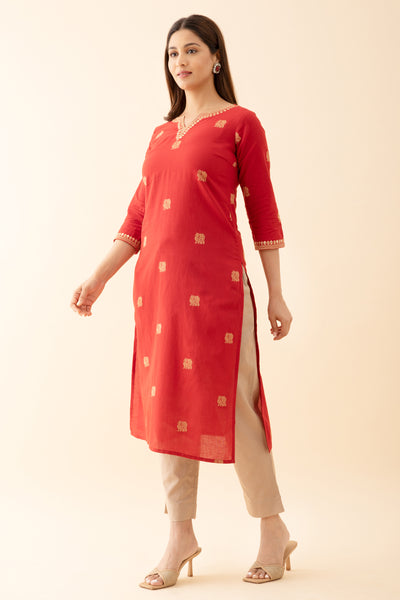 Annapakshi Motif Dobby Kurta with Embroidered Neckline - Red
