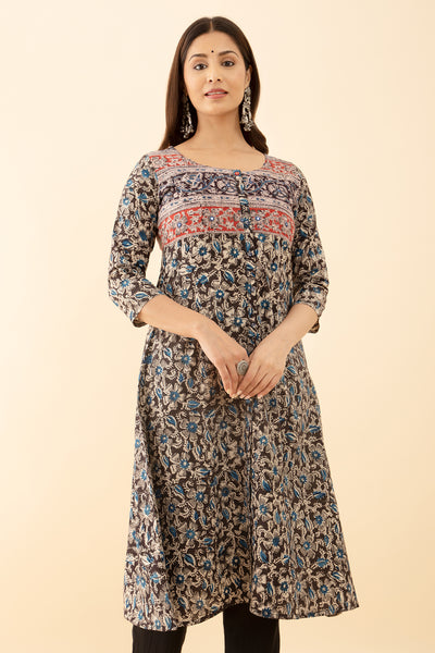 Classic Black Kurta with Ditsy Floral Print with Button