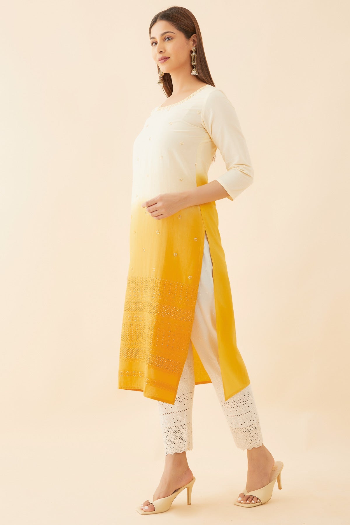 All Over Sequence & Embroidered Ombre Kurta - Mustard