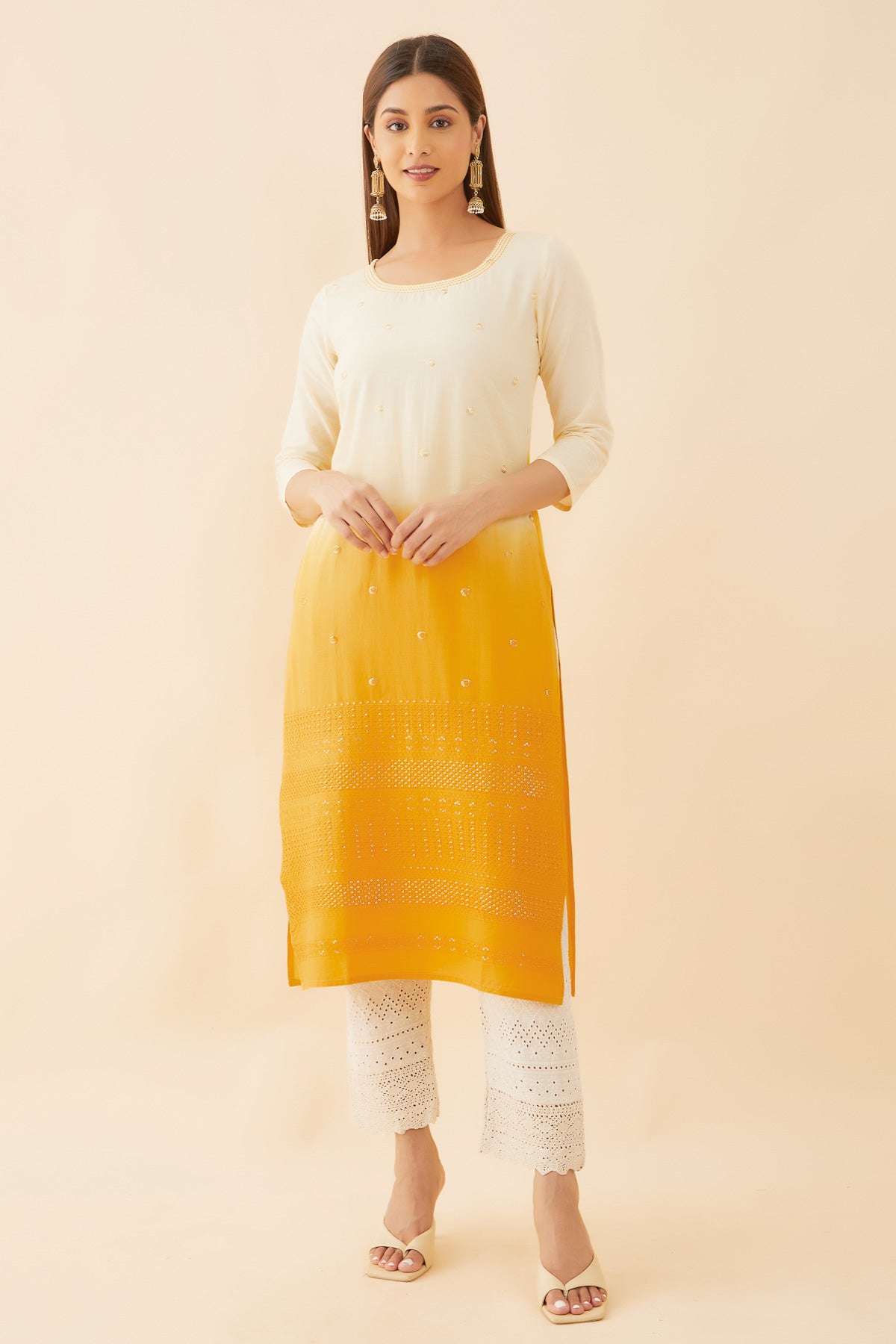 All Over Sequence & Embroidered Ombre Kurta - Mustard