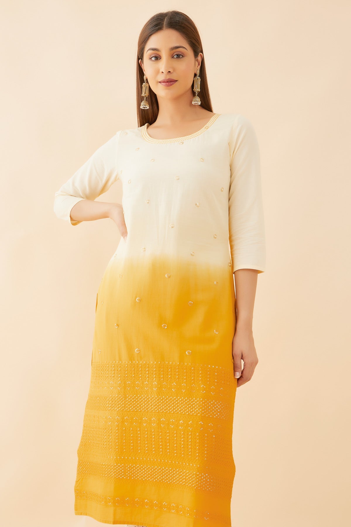 All Over Sequence & Embroidered Ombre Kurta - Mustard