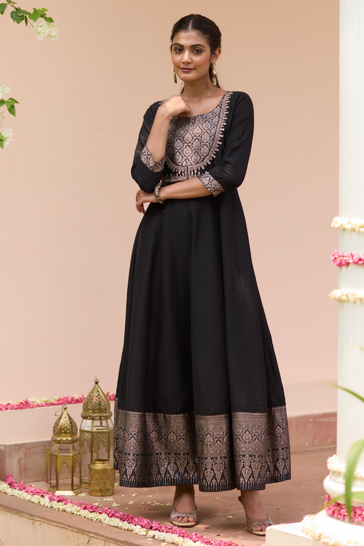 Floral Embroidered Anarkali with Brocade Yoke - Black