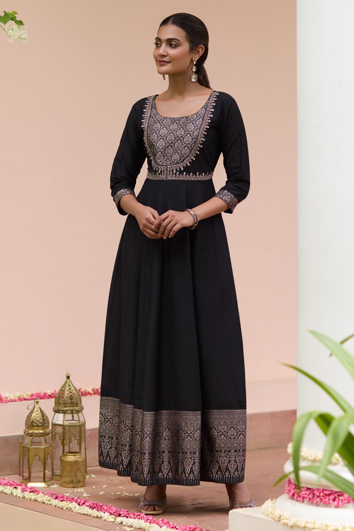 Floral Embroidered Anarkali with Brocade Yoke - Black