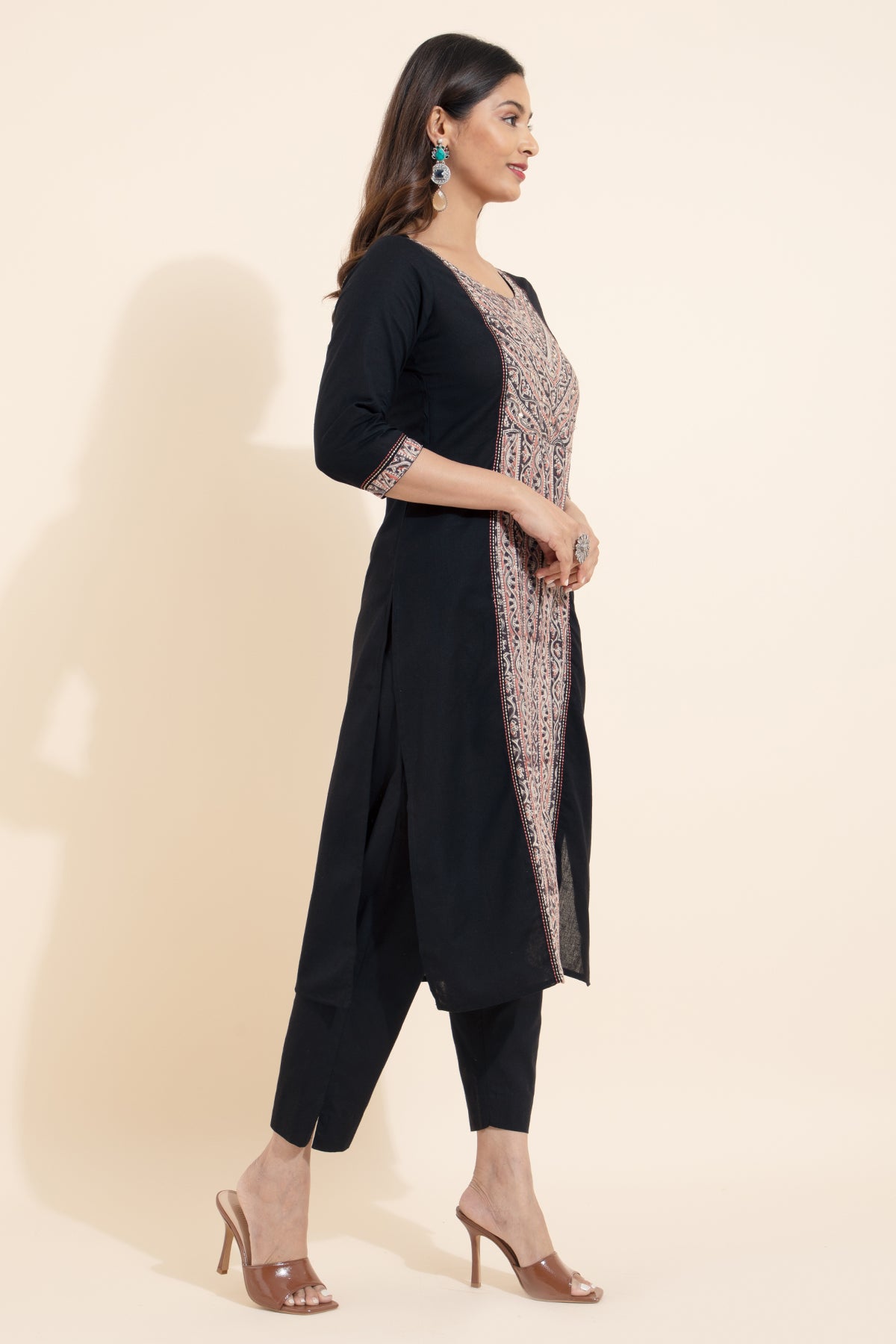 Kalamkari Printed Panelled Kurta - Black