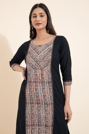 Kalamkari Printed Panelled Kurta - Black