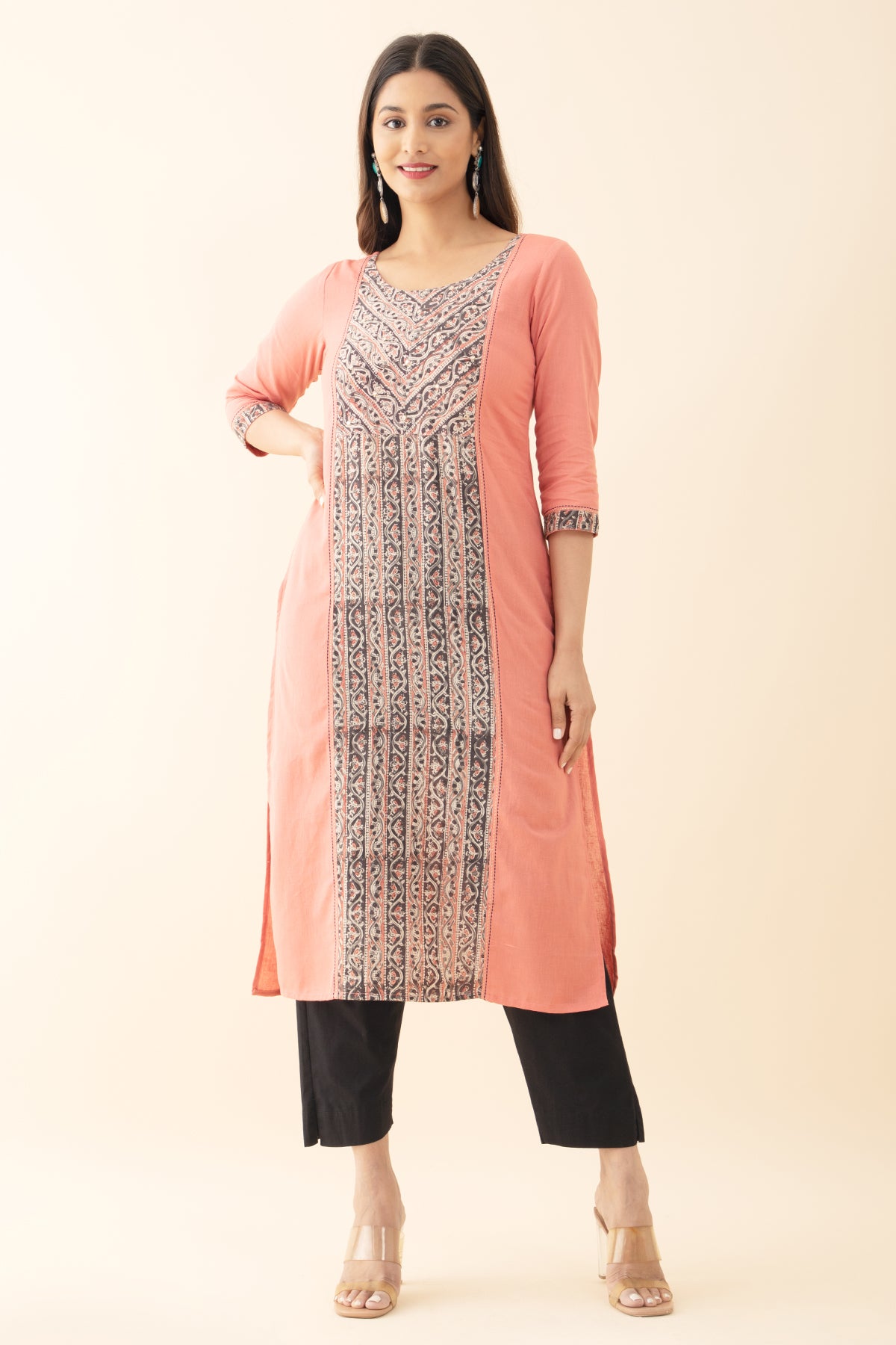 Women’s Peach Kalamkari Printed Kurta - Traditional and Trendy