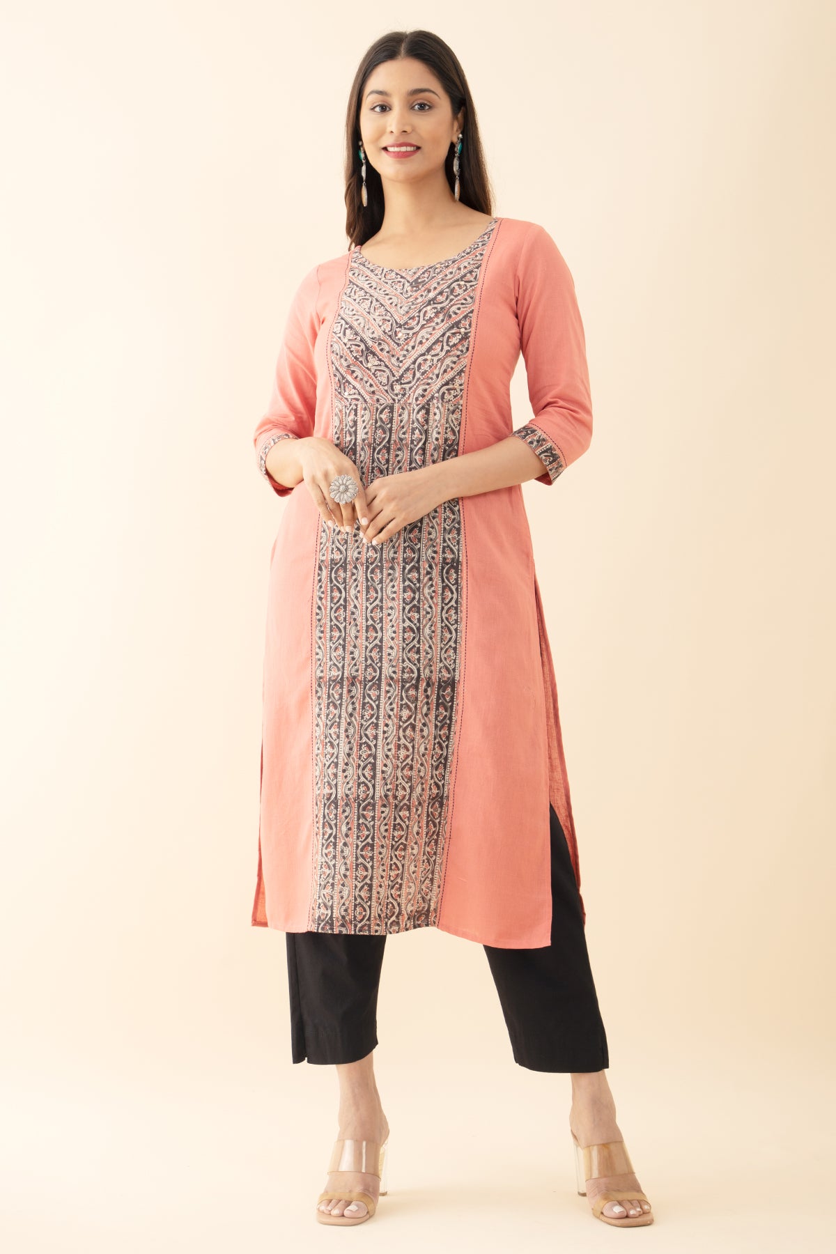 Kalamkari Printed Panelled Kurta - Peach