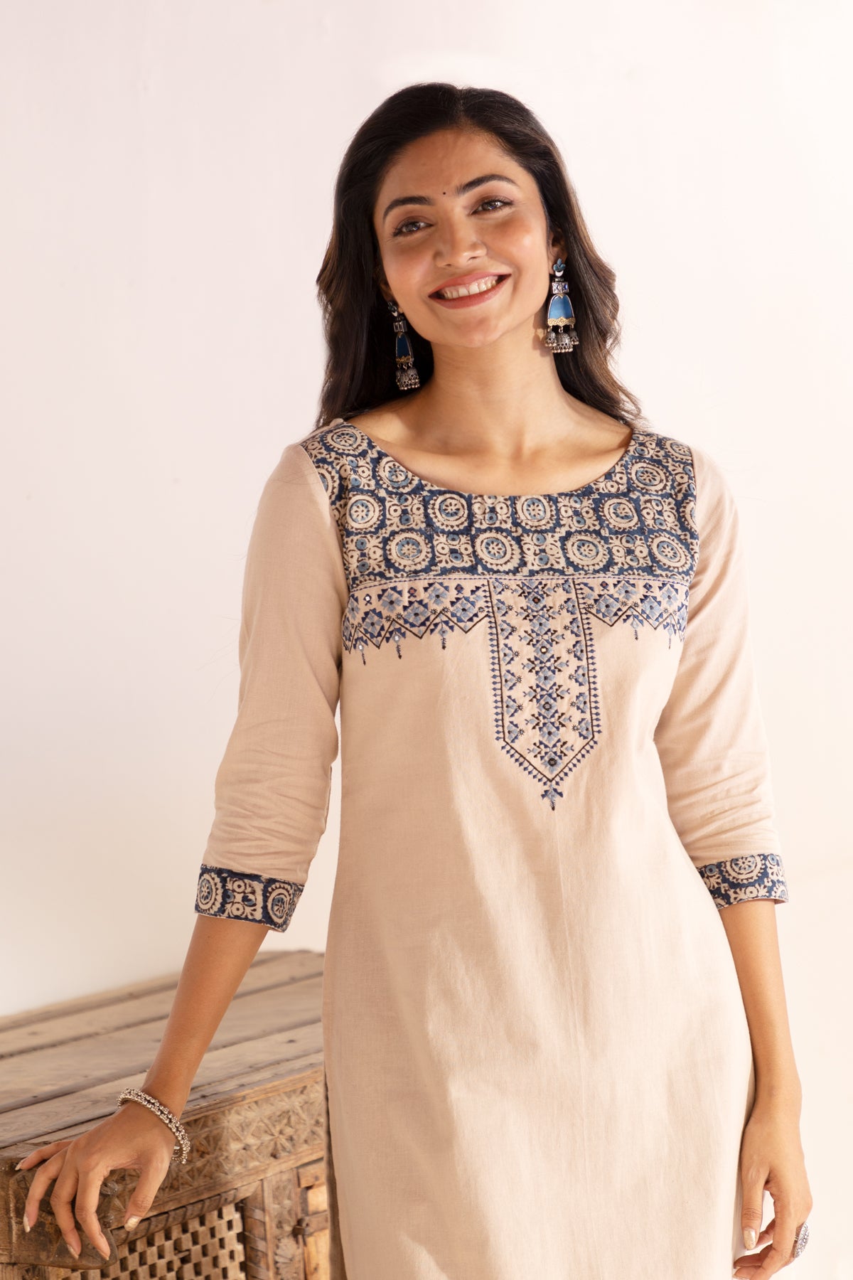 Solid Beige Kurta with Kalamkari Printed Yoke