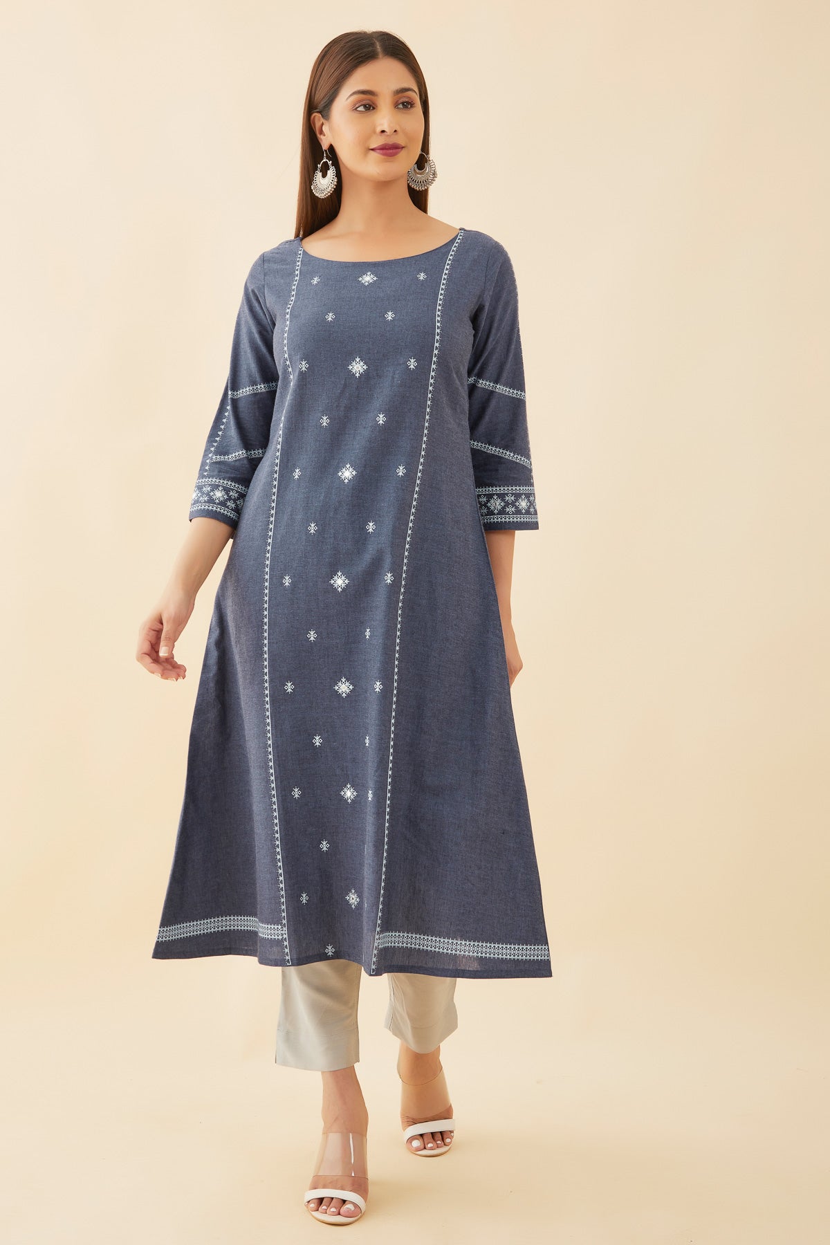 All Over Geometric Printed With Foil Mirror Detail A-Line Kurta - Blue