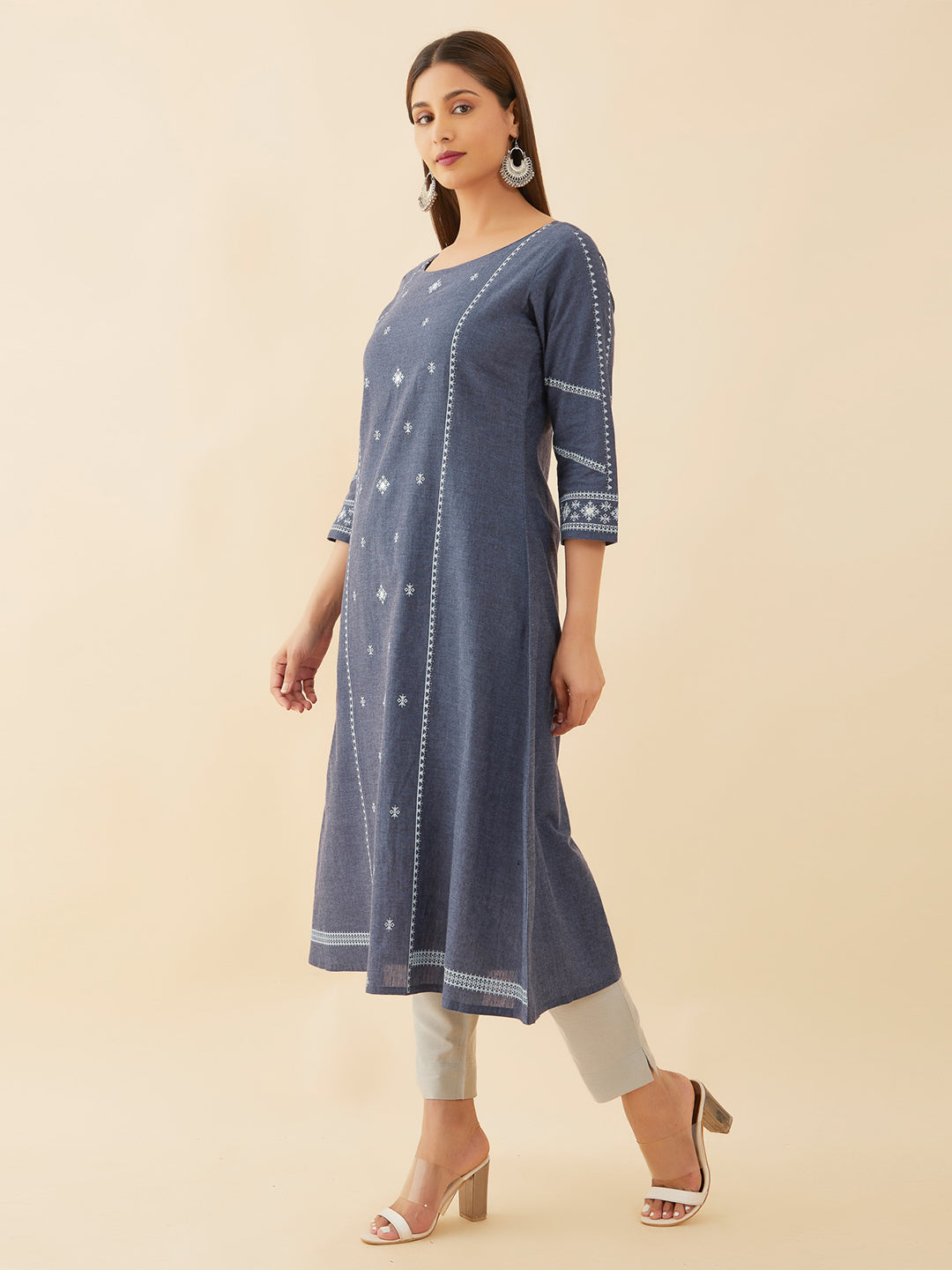 All Over Geometric Printed With Foil Mirror Detail A Line Kurta Blue