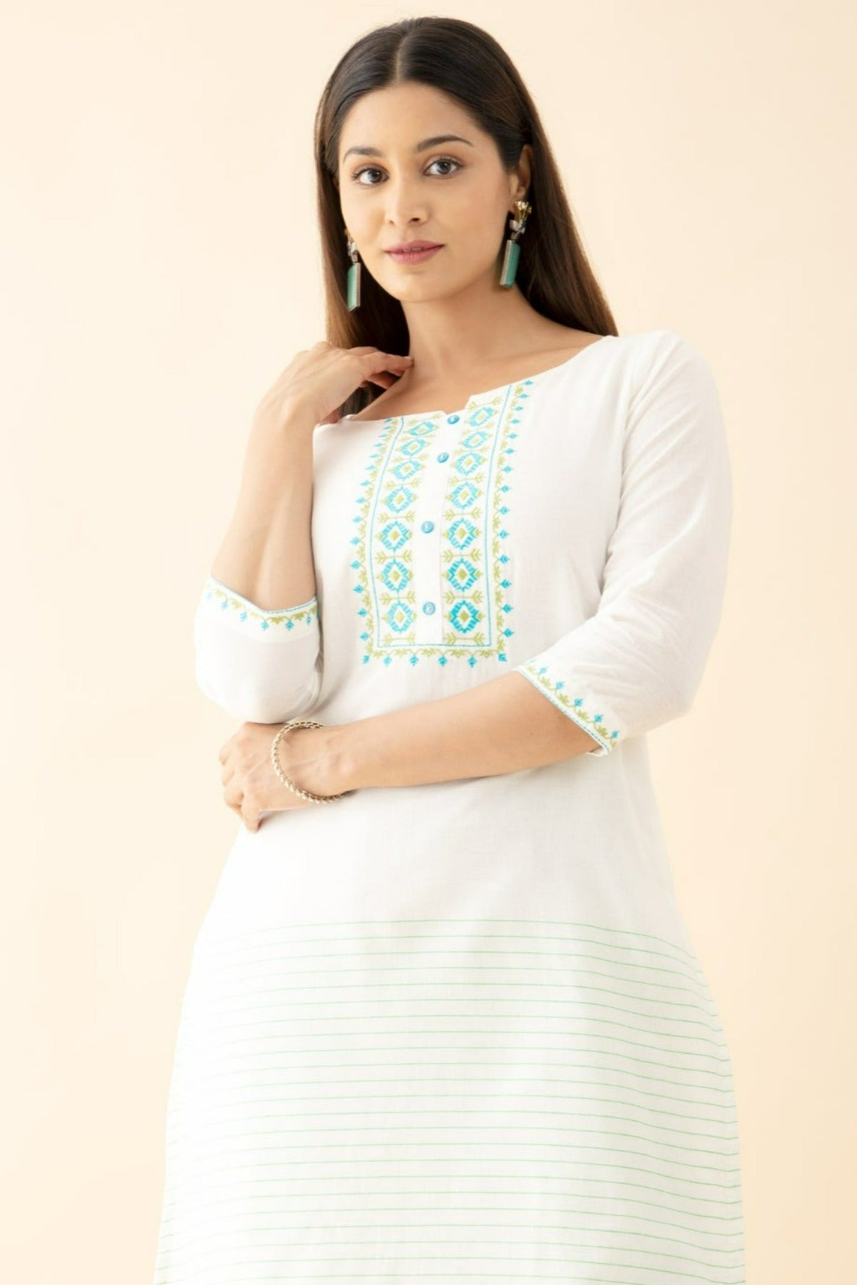 Cotton Dobby Embroidered Kurta - Blue